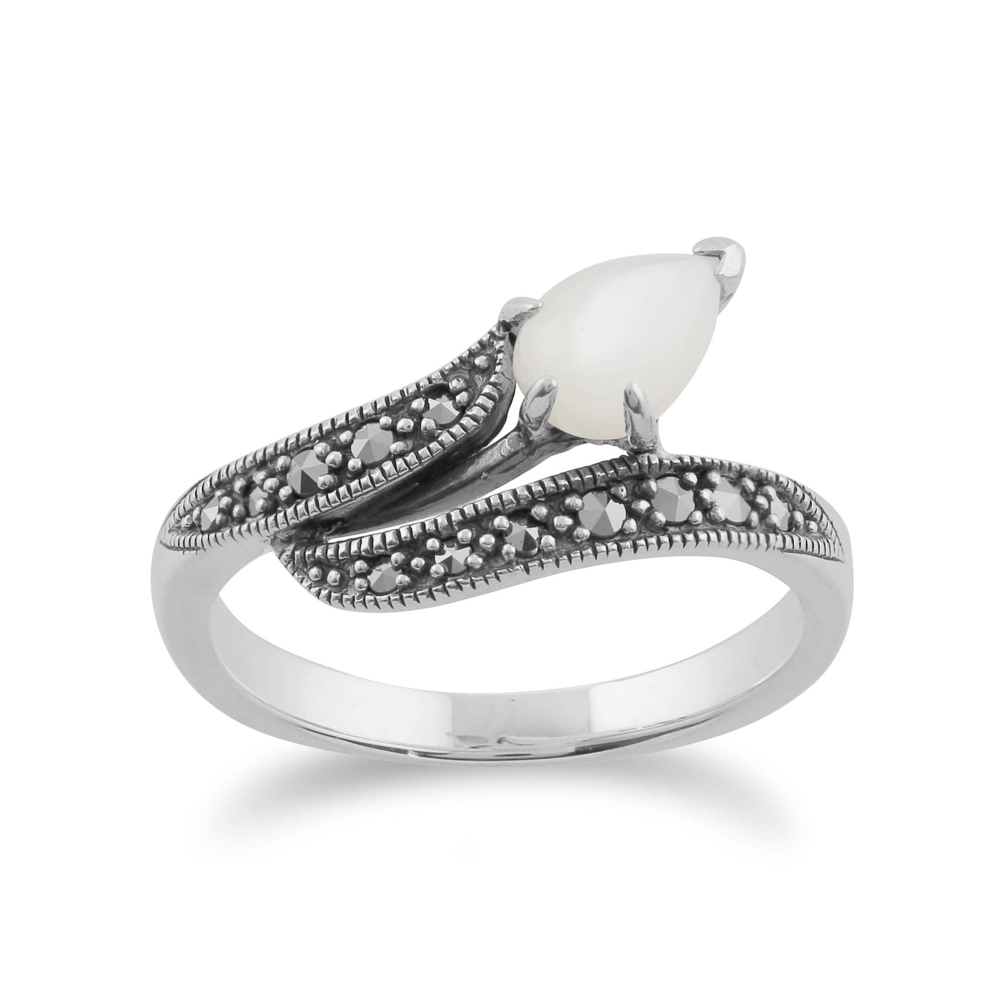 Art Nouveau Style Pear Mother of Pearl & Marcasite Twist Ring in 925 Sterling Silver - Gemondo