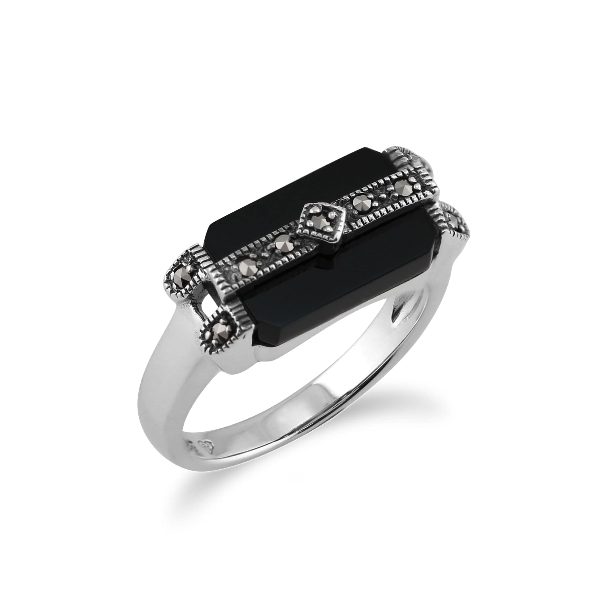 Art Deco Style Rectangle Black Onyx & Marcasite Bar Ring in 925 Sterling Silver - Gemondo
