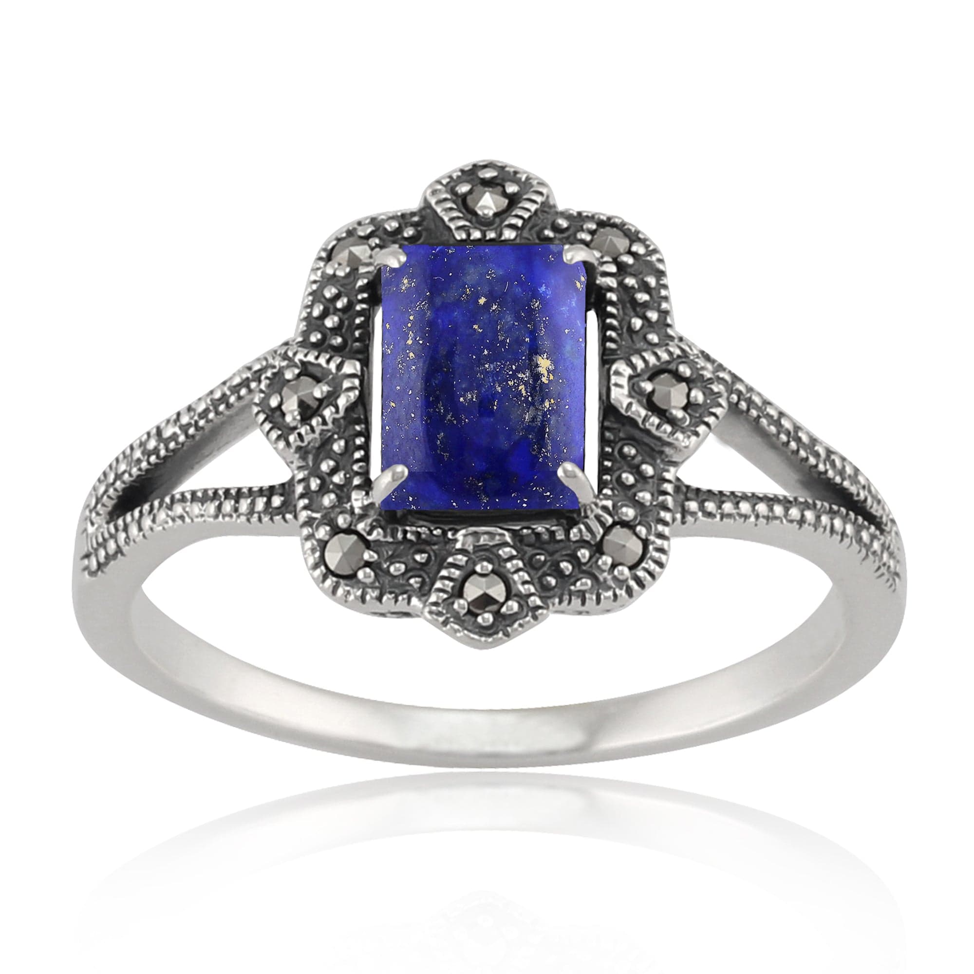 Art Deco Style Baguette Lapis Lazuli & Marcasite Ring in 925 Sterling Silver
