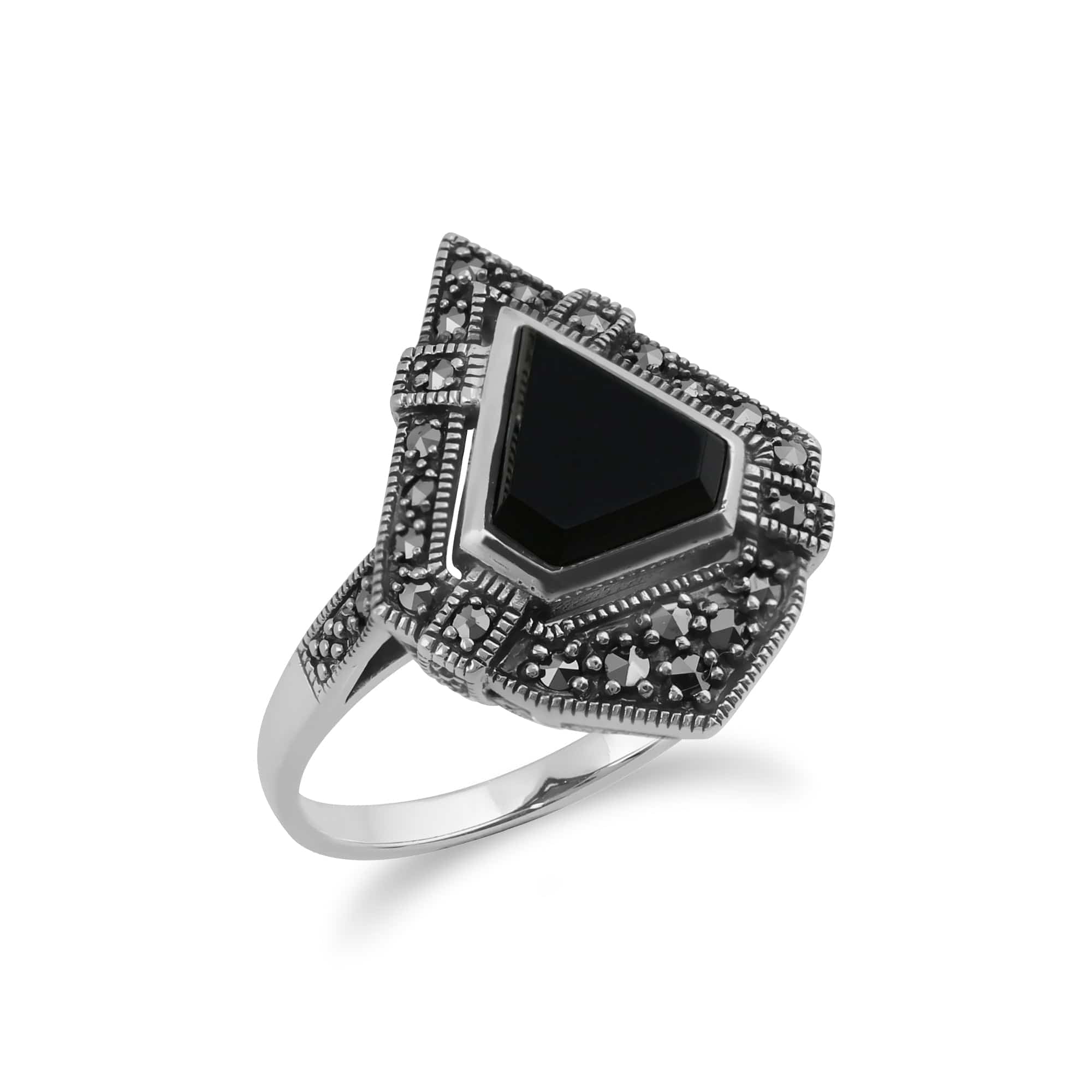 Art Deco Style Triangle Black Onyx & Marcasite Statement Ring in 925 Sterling Silver - Gemondo