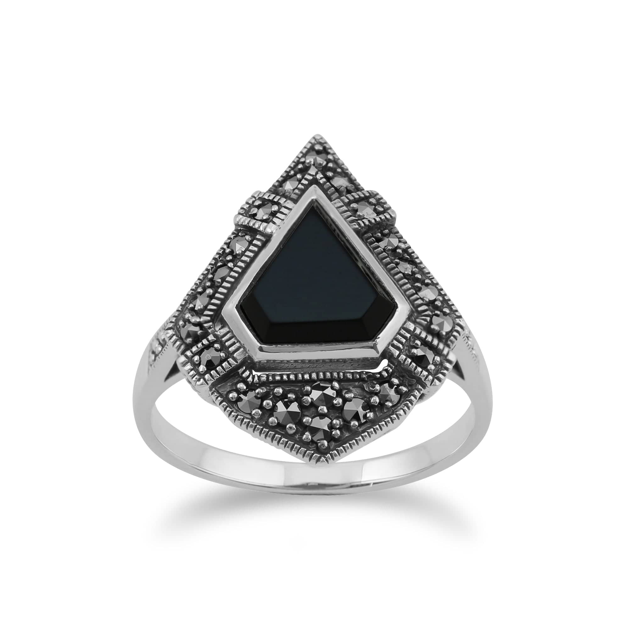 Art Deco Style Triangle Black Onyx & Marcasite Statement Ring in 925 Sterling Silver - Gemondo