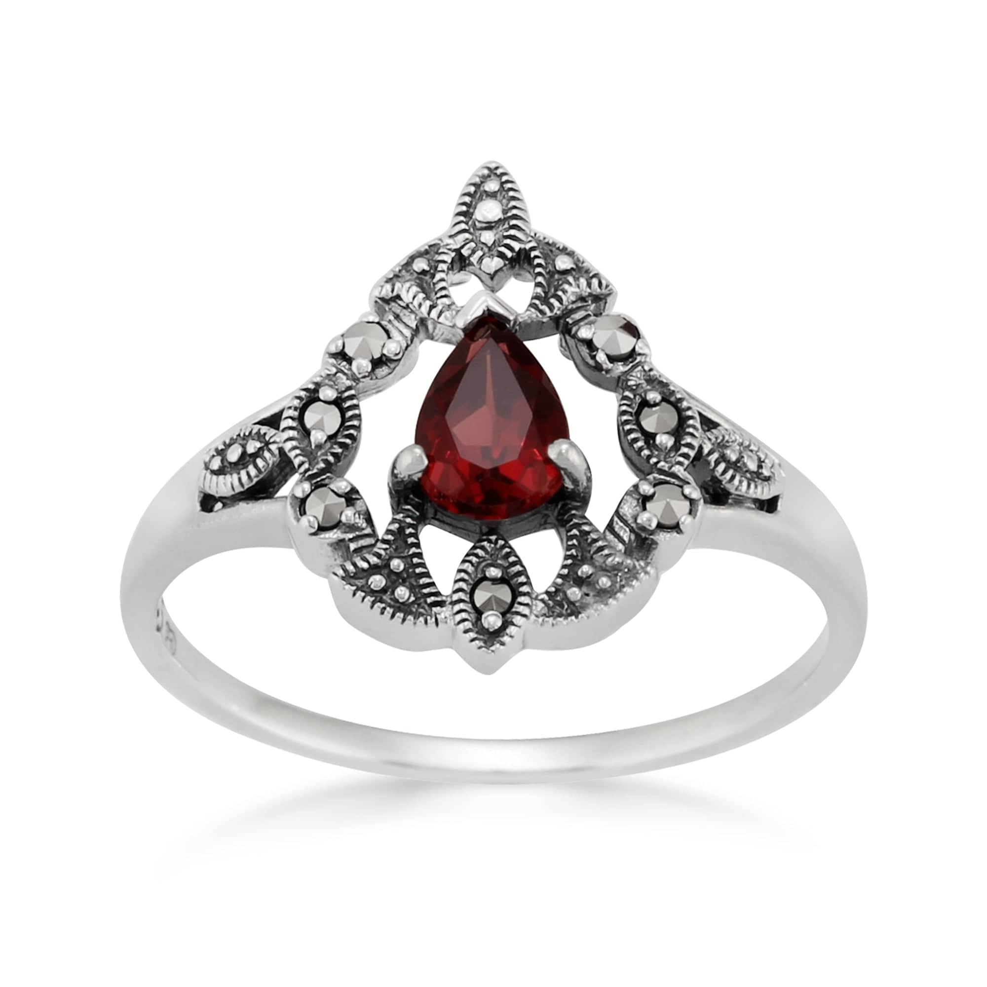 Victorian Style Pear Garnet & Marcasite  Garland Statement Ring in Silver - Gemondo