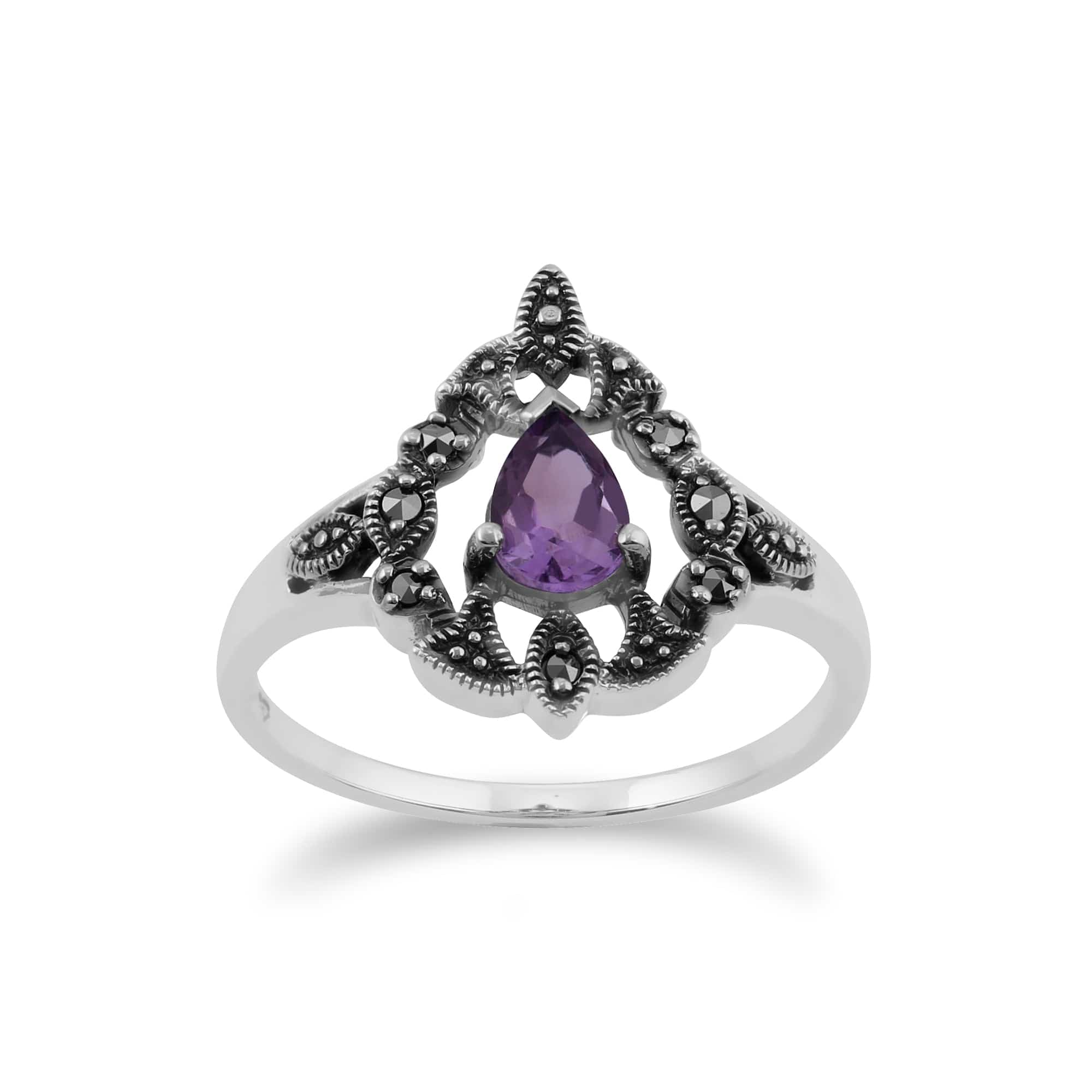 Art Nouveau Style Pear Amethyst & Marcasite Statement Ring in 925 Sterling Silver - Gemondo