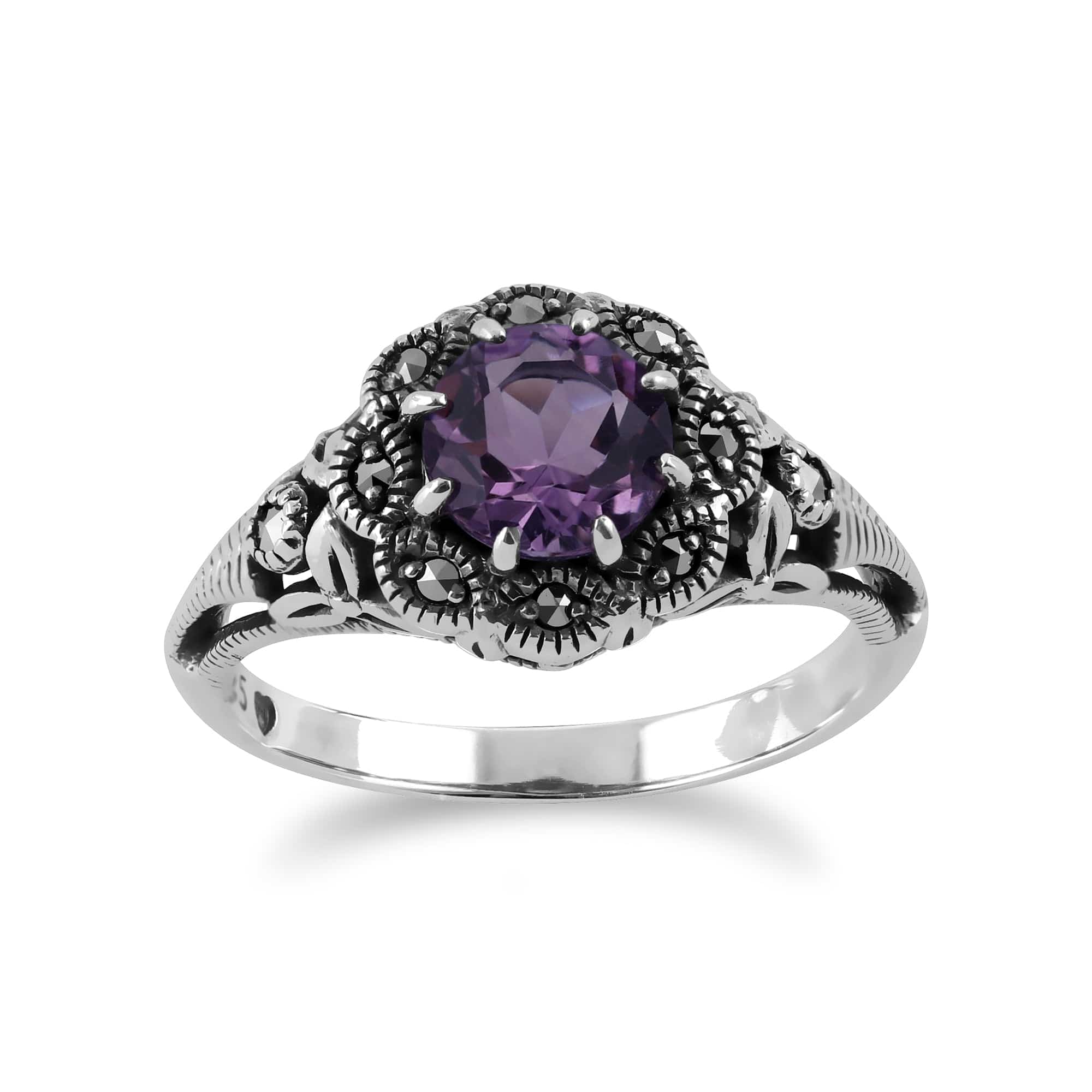 Art Nouveau Style Round Amethyst & Marcasite Floral Ring in 925 Sterling Silver