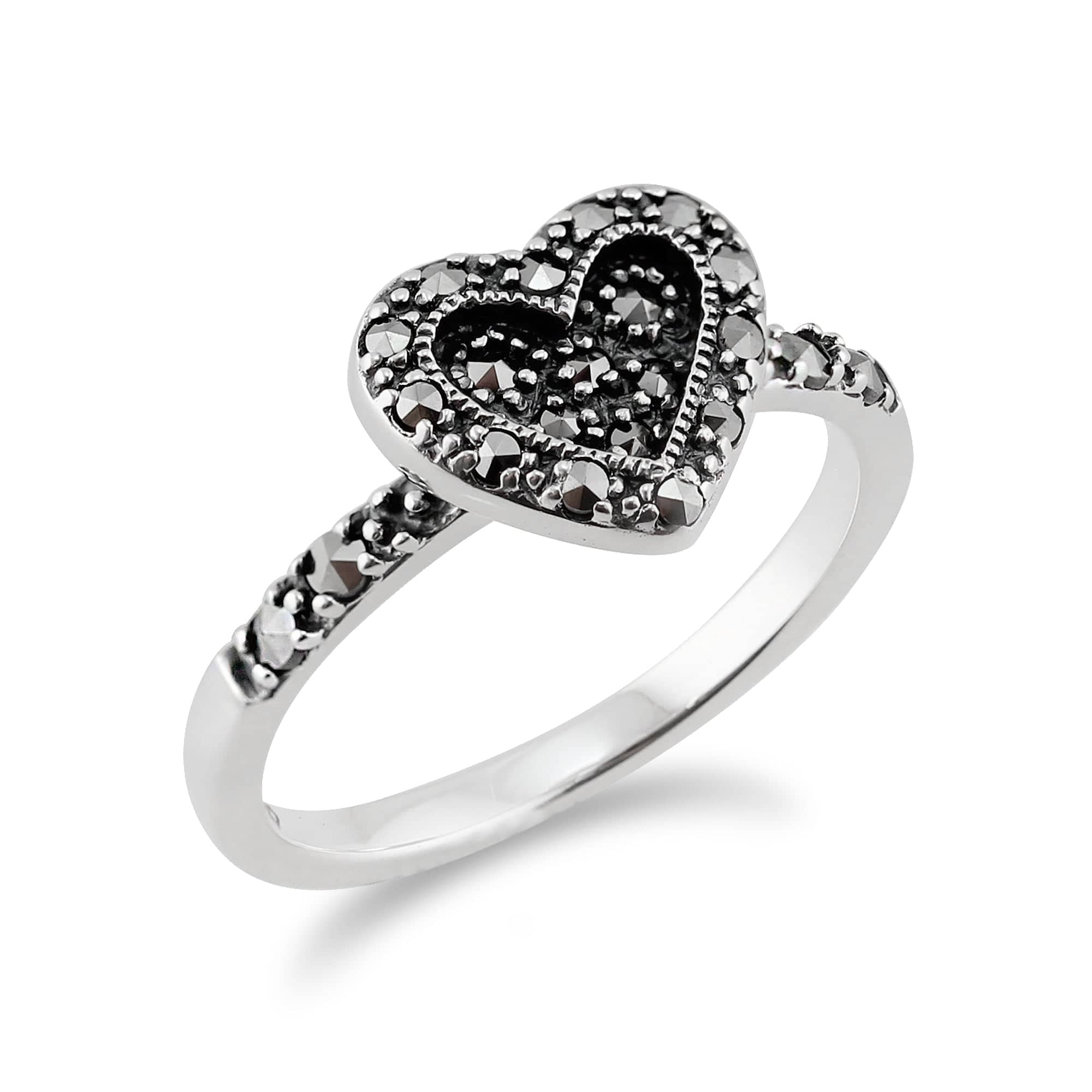 214R536701925 Art Deco Style Round Marcasite Love Heart Ring in 925 Sterling Silver 2