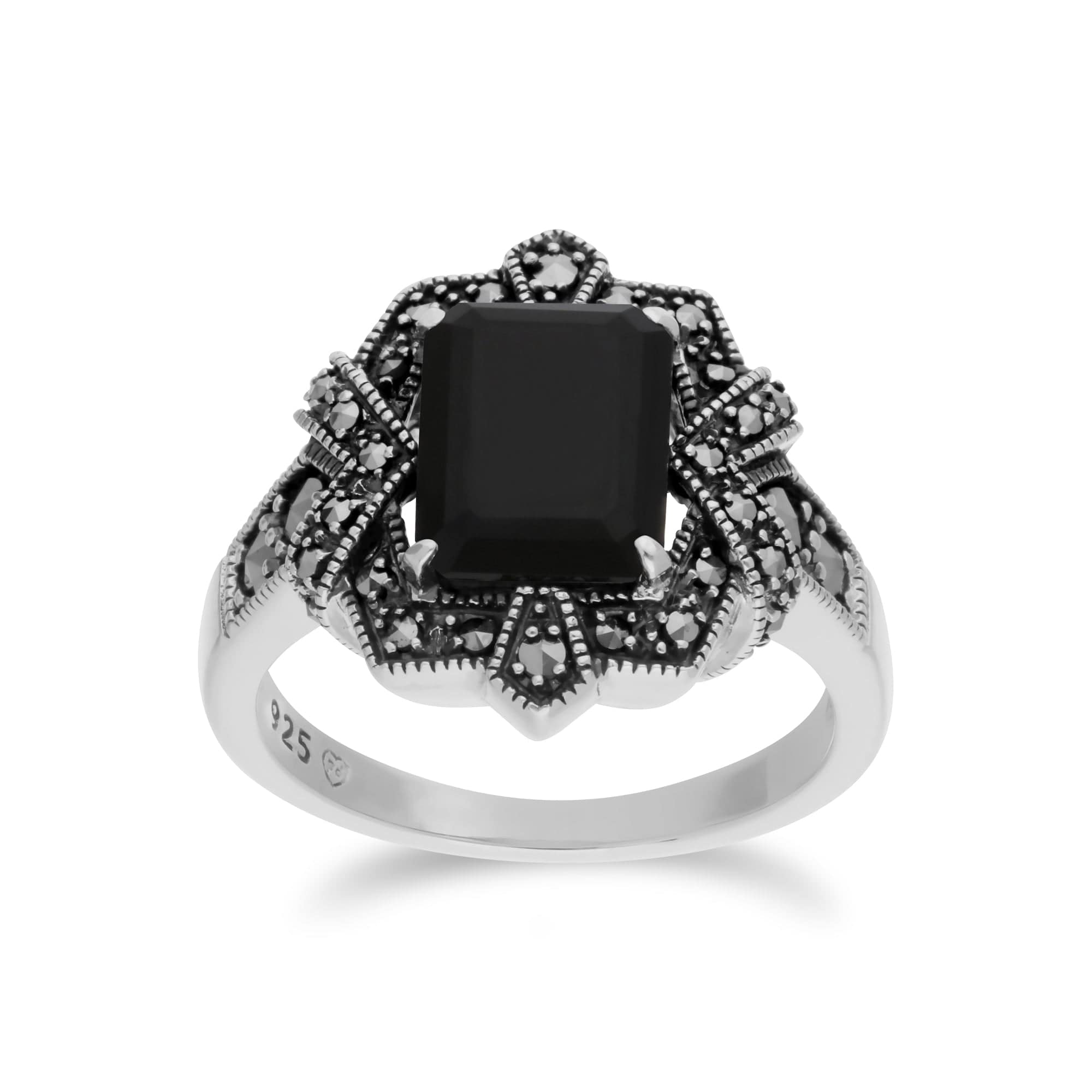 Art Deco Style Baguette Black Onyx & Marcasite Ring in 925 Sterling Silver