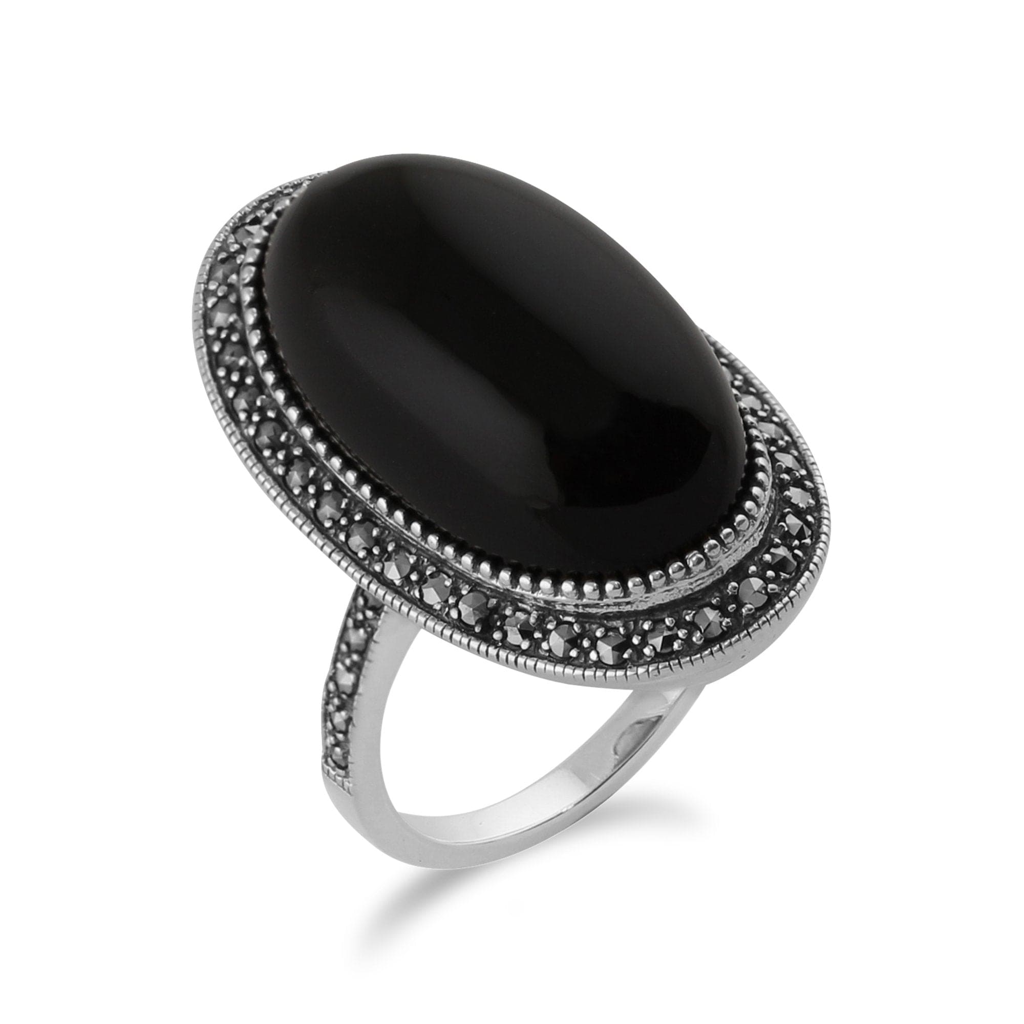 Art Deco Style Black Onyx Cabochon & Marcasite Cocktail Ring - Gemondo