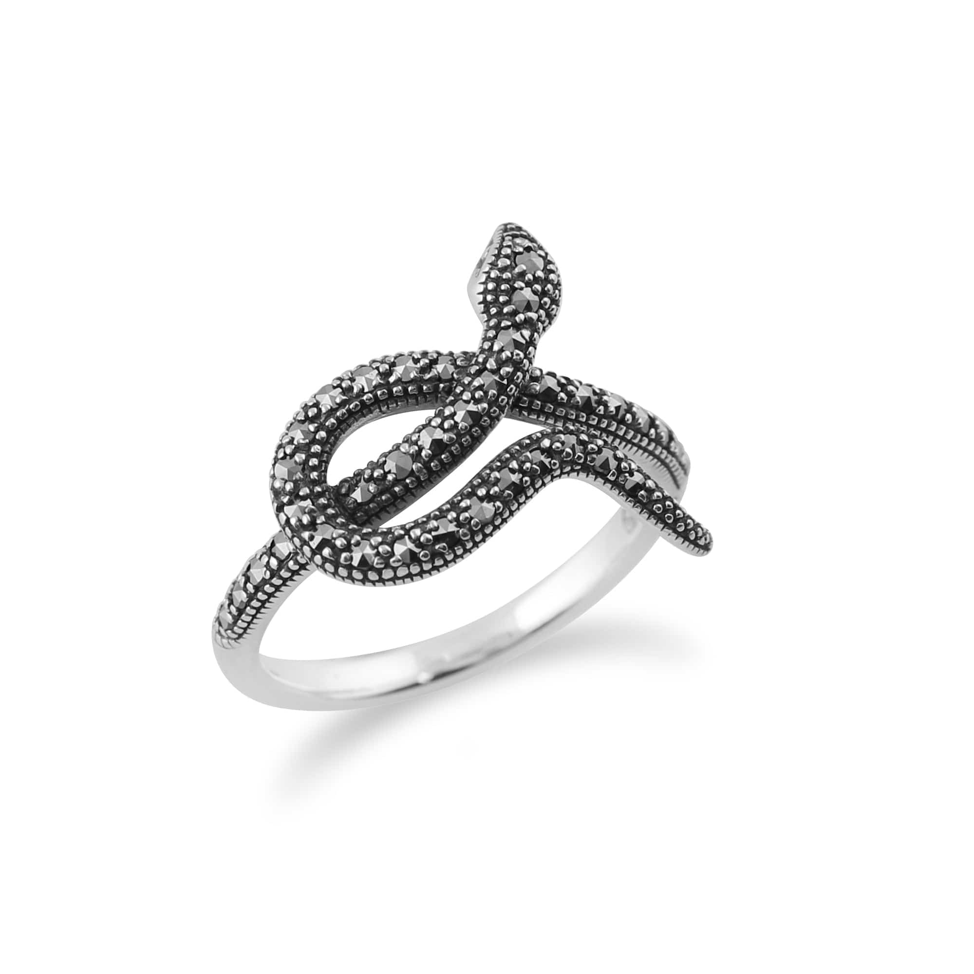 Art Nouveau Style Round Marcasite Snake Wrap Ring in 925 Sterling Silver - Gemondo