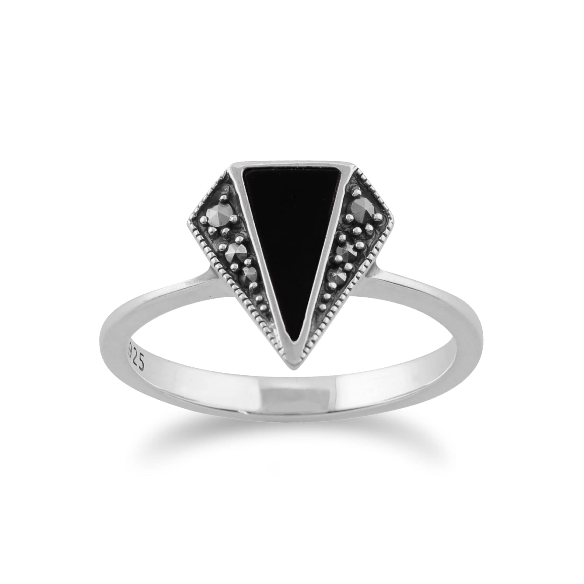 Art Deco Style Triangle Black Onyx & Marcasite Ring in 925 Sterling Silver - Gemondo
