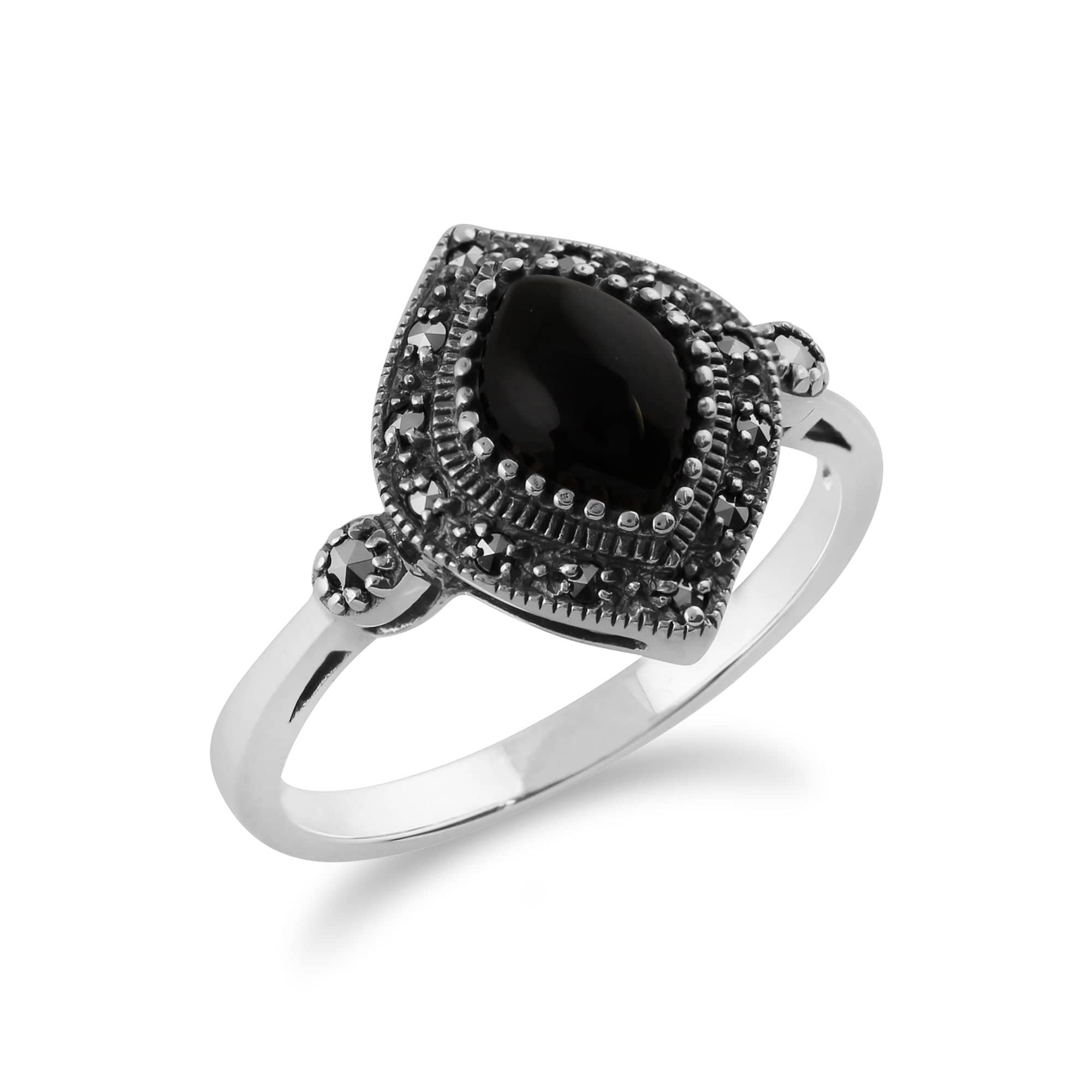 214R587001925 Gemondo 925 Sterling Silver 1.00ct Black Onyx & Marcasite Art Deco Ring 2