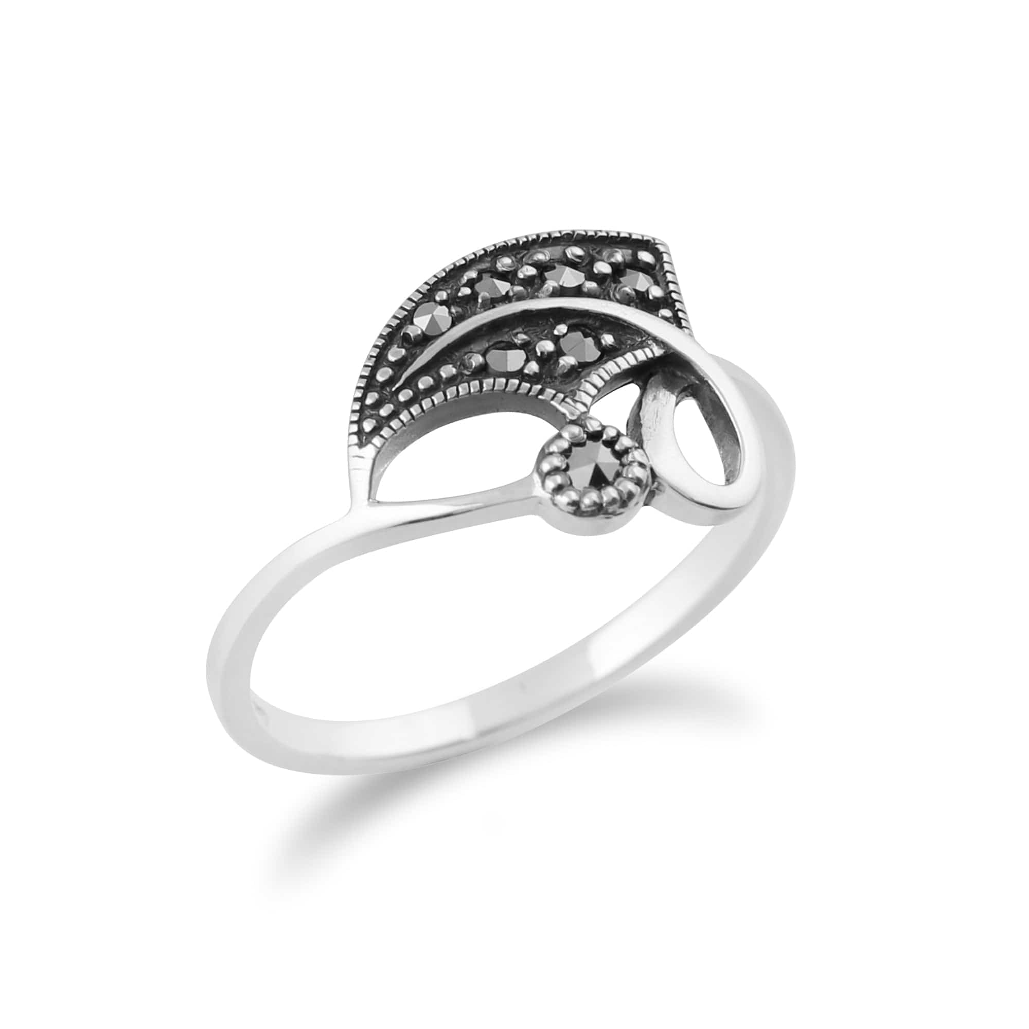 214R587601925 Art Nouveau Style Round Marcasite Leaf Wrap Ring in 925 Sterling Silver 2