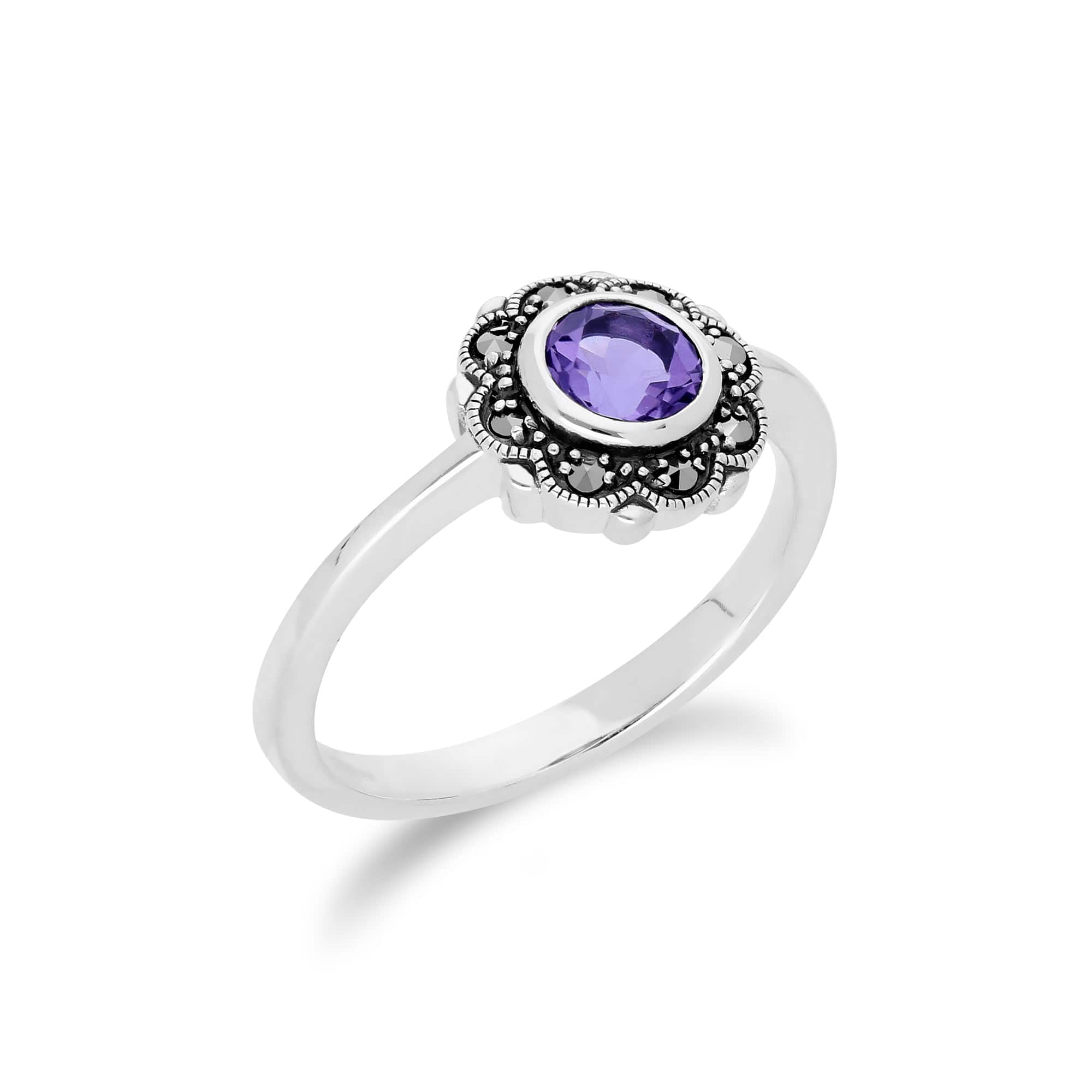 Floral Round Amethyst & Marcasite Halo Ring in 925 Sterling Silver