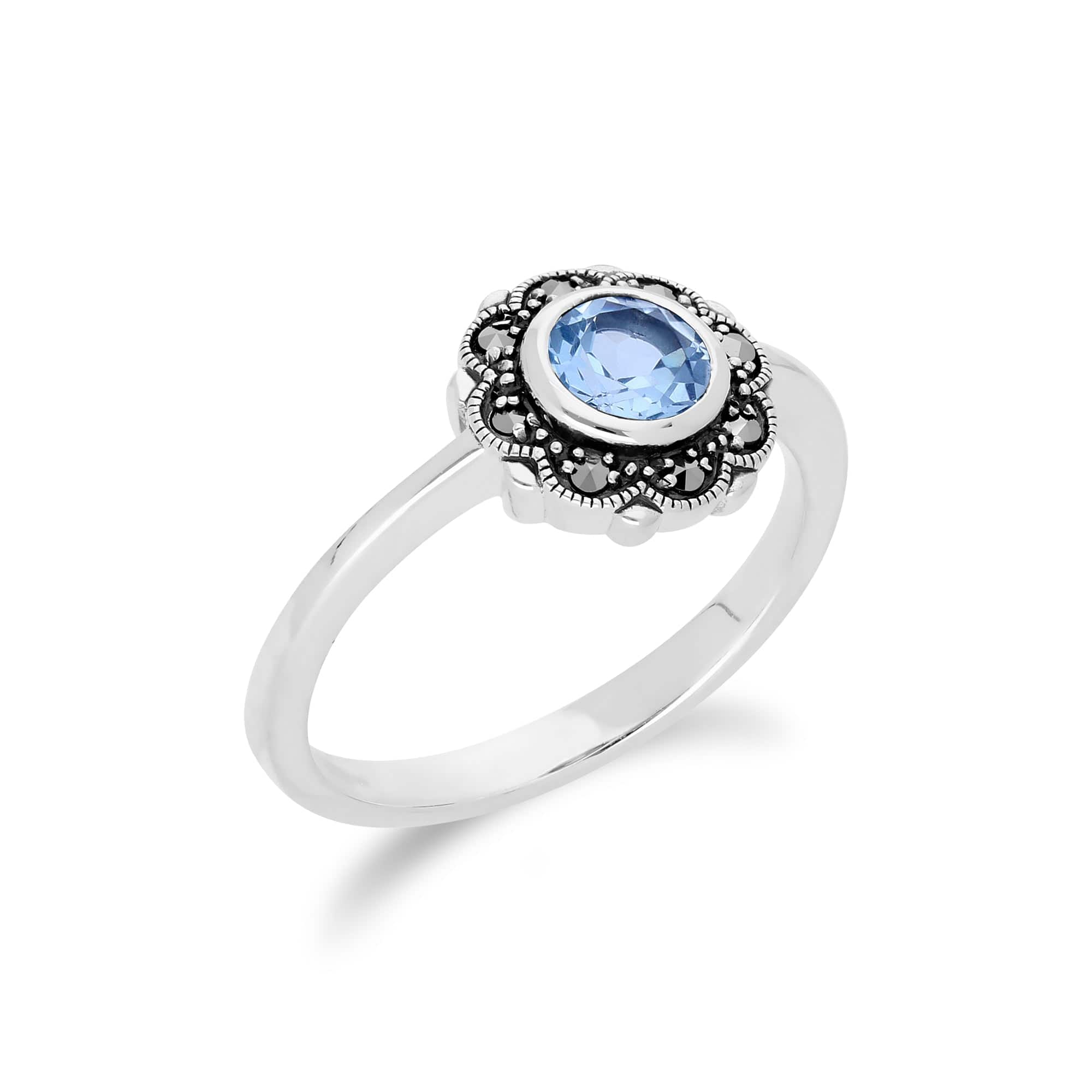 Floral Round Blue Topaz & Marcasite Halo Ring in 925 Sterling Silver - Gemondo