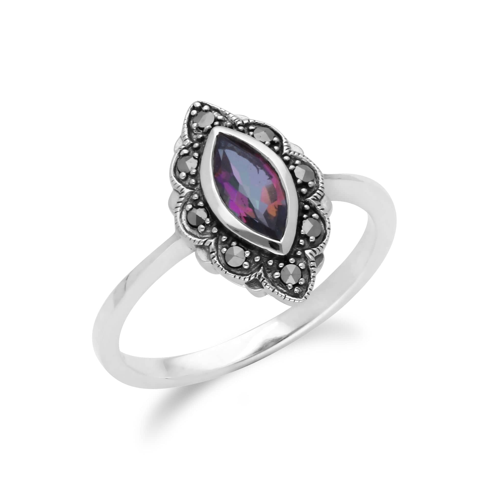 Art Nouveau Marquise Mystic Topaz & Marcasite Leaf Ring in 925 Sterling Silver