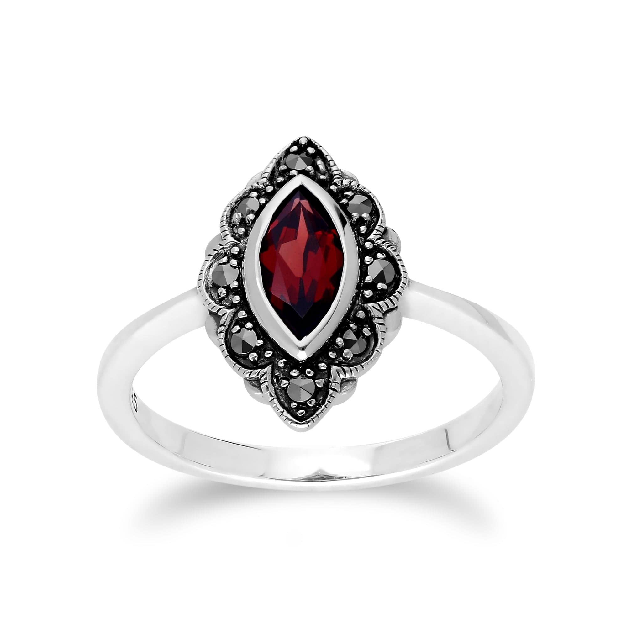 Art Nouveau Style Marquise Garnet & Marcasite Leaf Ring in 925 Sterling Silver - Gemondo