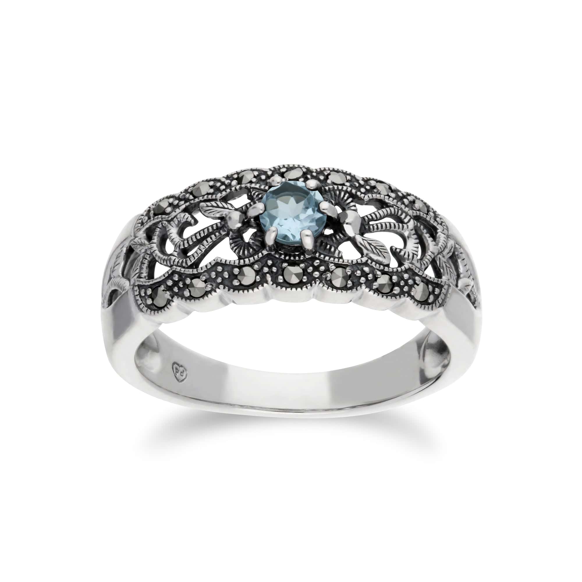 214R597702925 Art Nouveau Style Round Blue Topaz & Marcasite Floral Band Ring in Sterling Silver 1