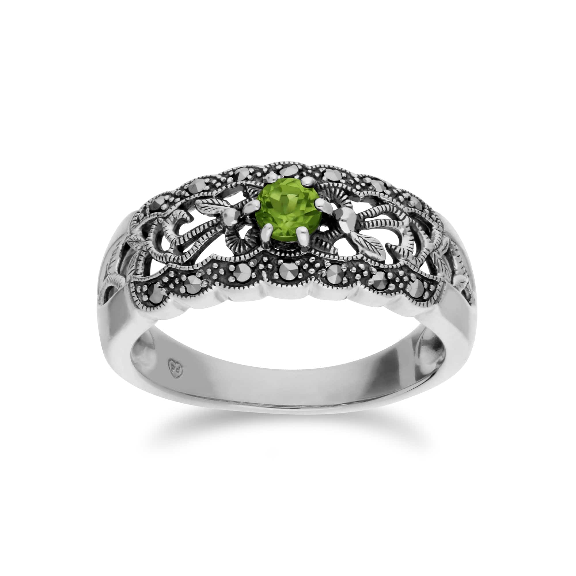 214R597703925 Art Nouveau Style Round Peridot & Marcasite Floral Band Ring in 925 Sterling Silver 1