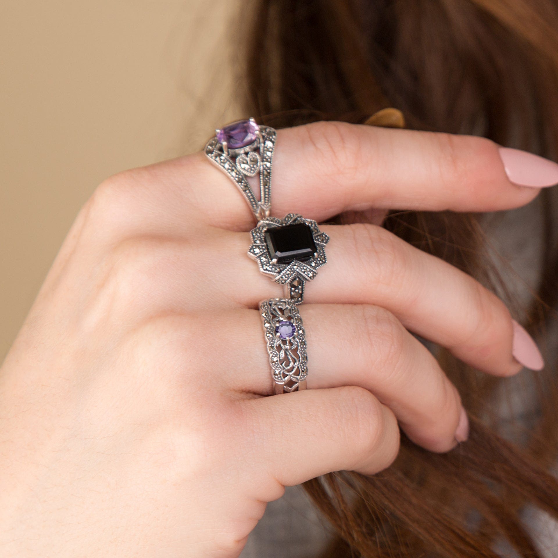 Art Nouveau Style Round Amethyst & Marcasite Floral Band Ring in 925 Sterling Silver - Gemondo