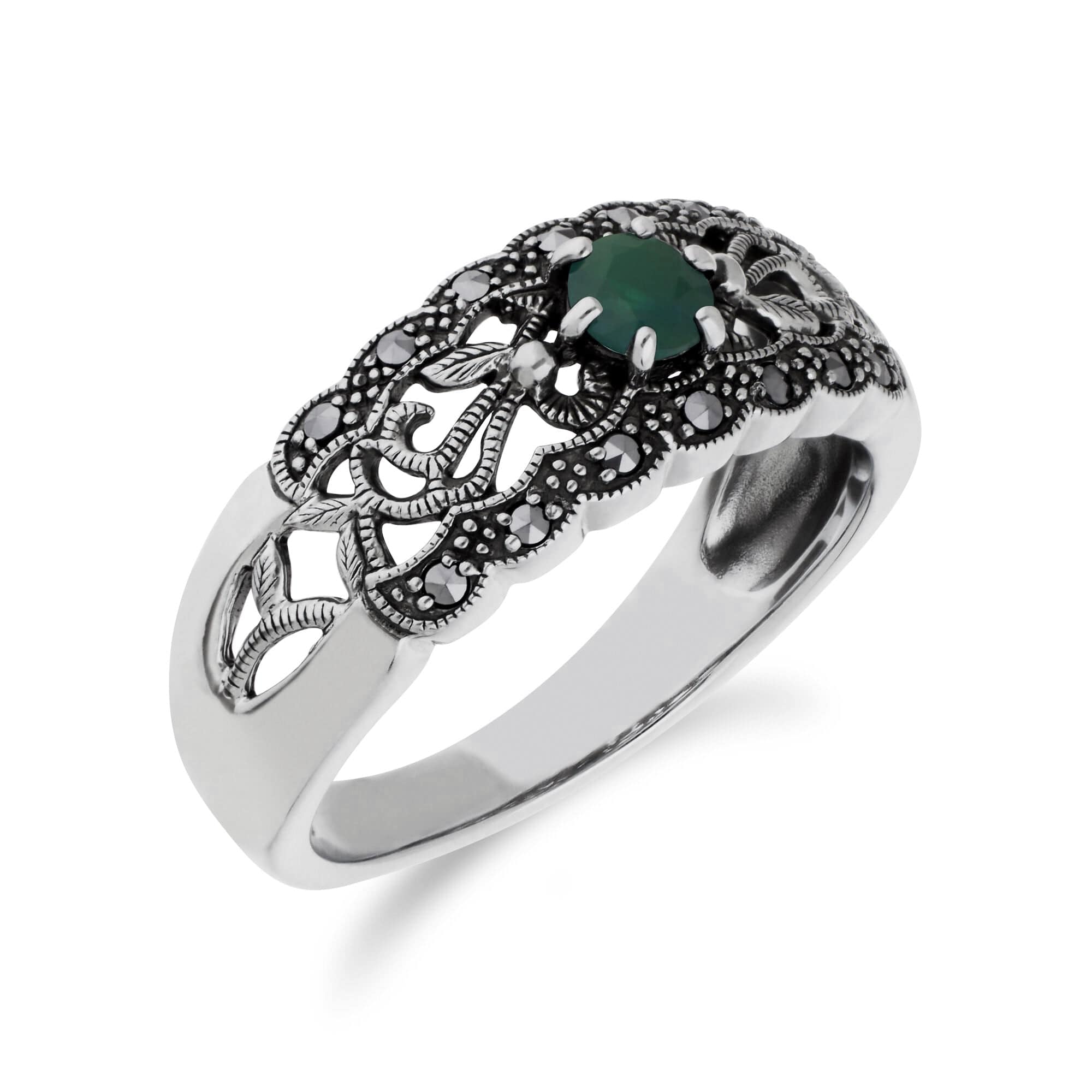 Art Nouveau Style Round Emerald & Marcasite Floral Band Ring in Sterling Silver - Gemondo