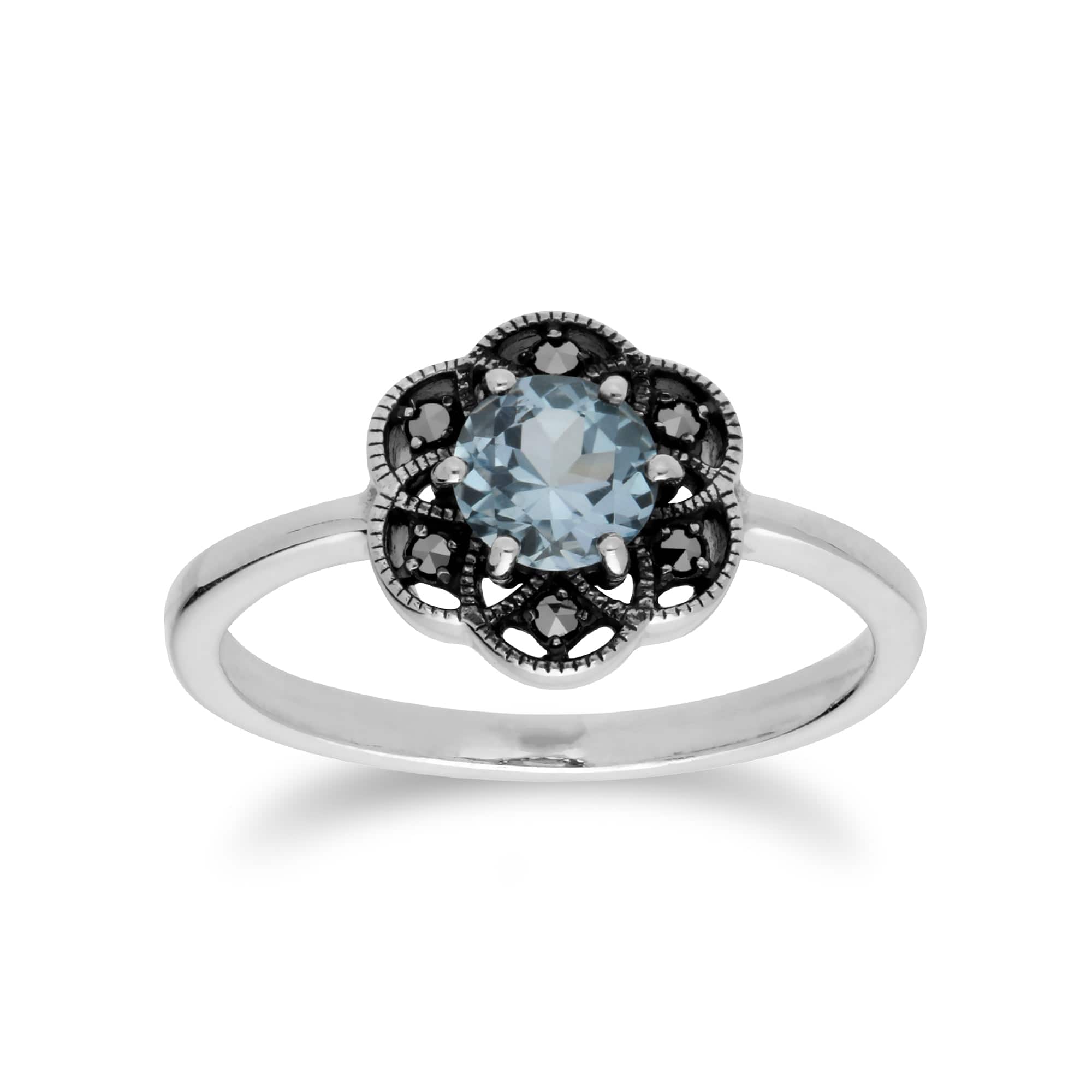 Floral Round Blue Topaz & Marcasite Daisy Ring in 925 Sterling Silver - Gemondo