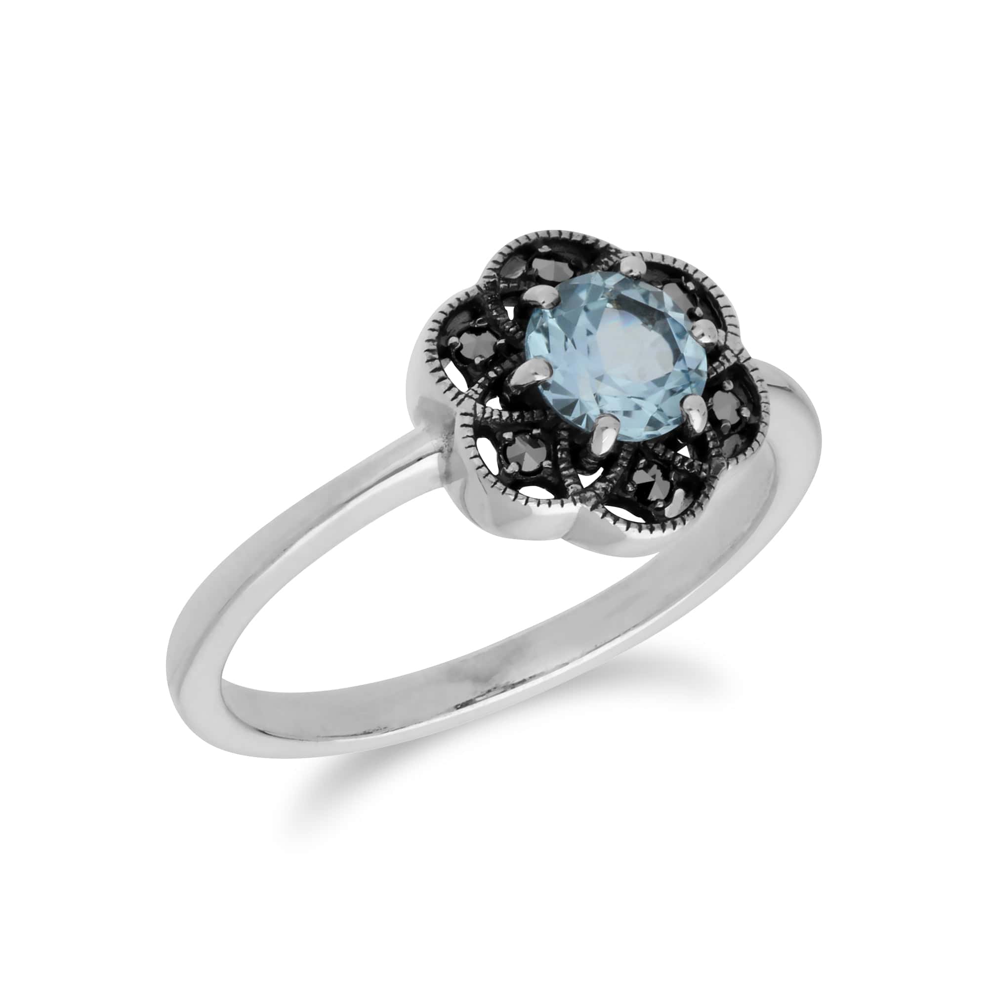 Floral Round Blue Topaz & Marcasite Daisy Ring in 925 Sterling Silver - Gemondo