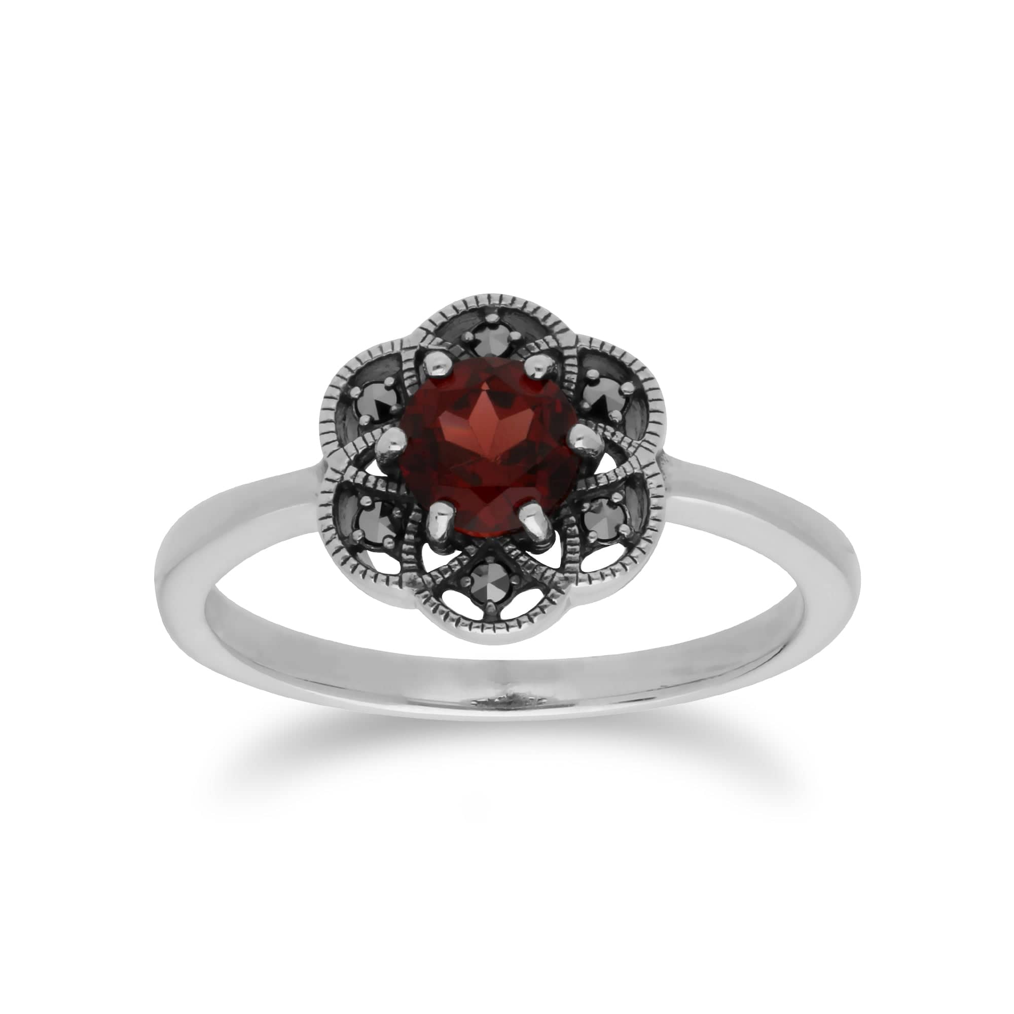 Floral Round Garnet & Marcasite Daisy Ring in 925 Sterling Silver - Gemondo