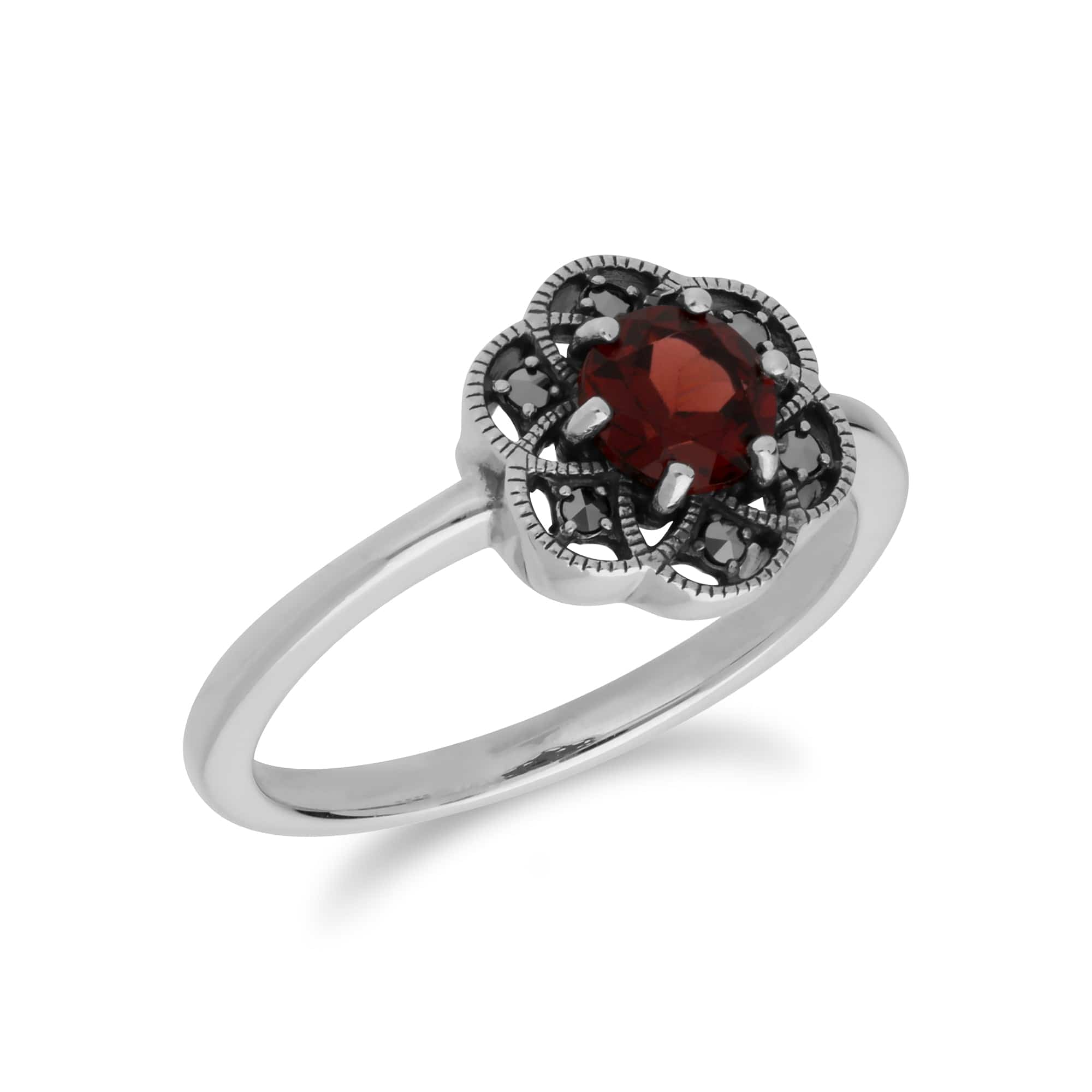 Floral Round Garnet & Marcasite Daisy Ring in 925 Sterling Silver - Gemondo