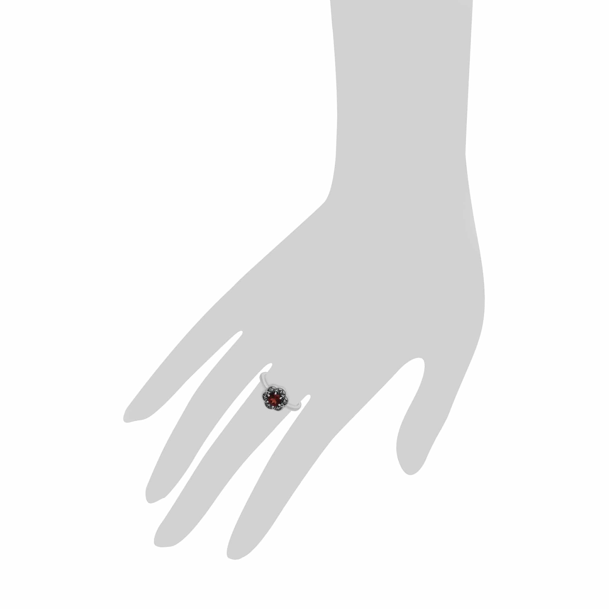 Floral Round Garnet & Marcasite Daisy Ring in 925 Sterling Silver - Gemondo