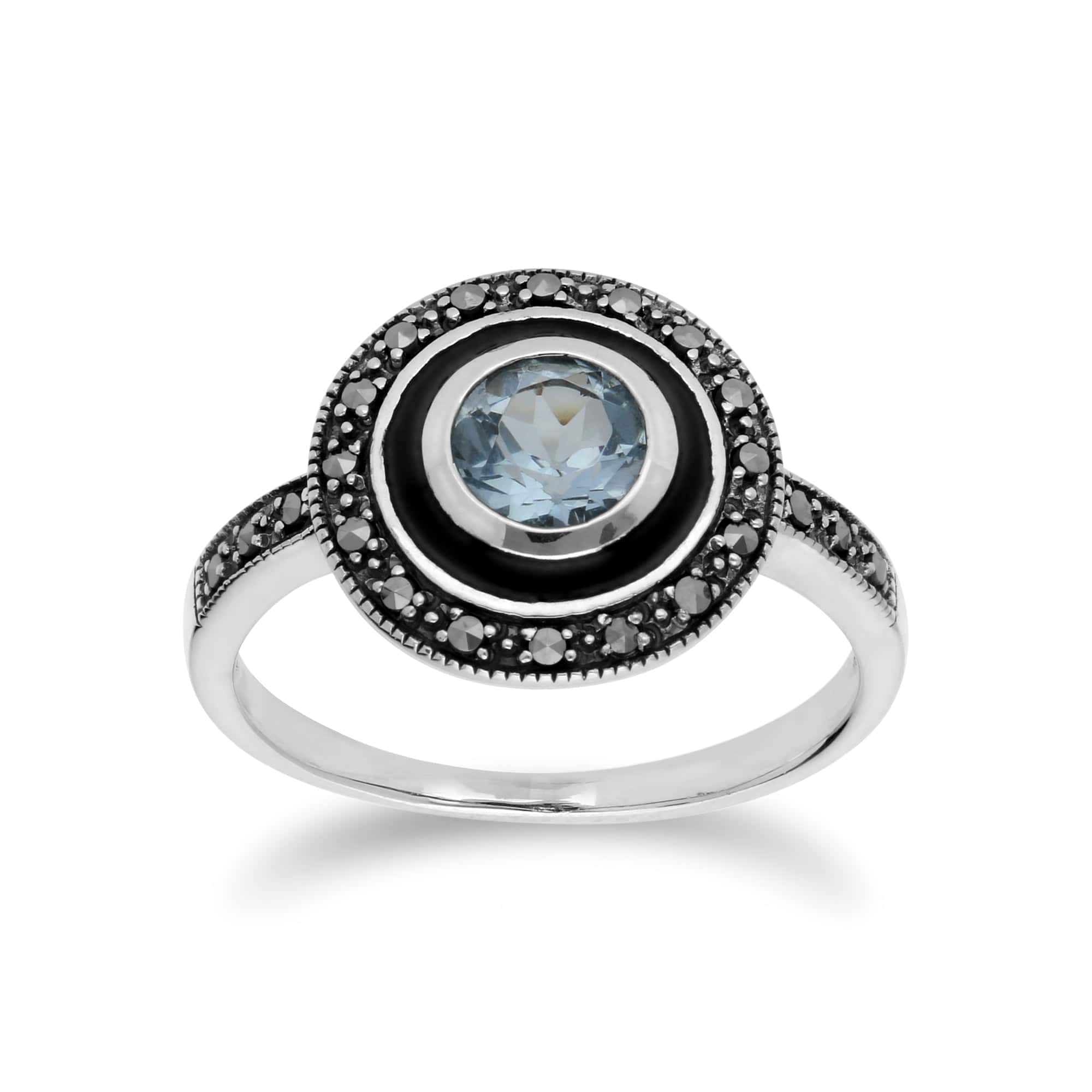 Art Deco Style Round Blue Topaz & Black Enamel Halo Ring in Sterling Silver - Gemondo