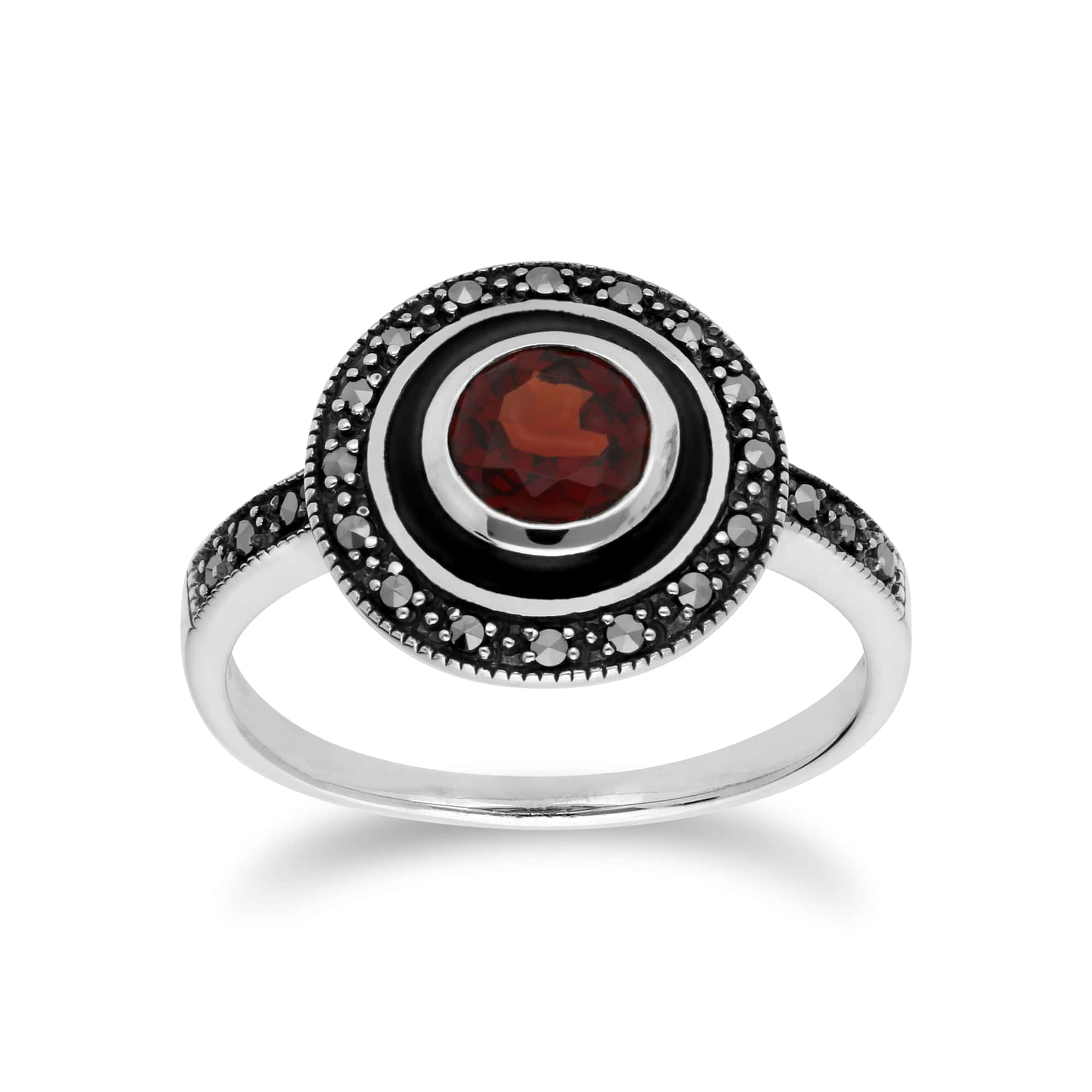 Art Deco Style Round Garnet & Black Enamel Halo Ring in 925 Sterling Silver - Gemondo