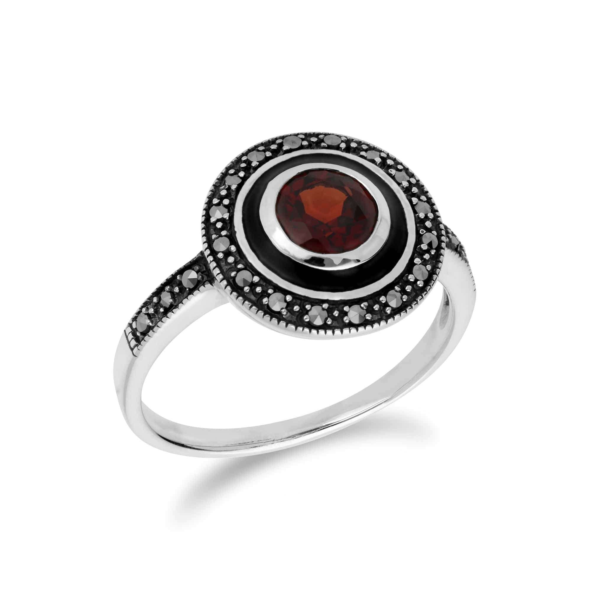 Art Deco Style Round Garnet & Black Enamel Halo Ring in 925 Sterling Silver - Gemondo