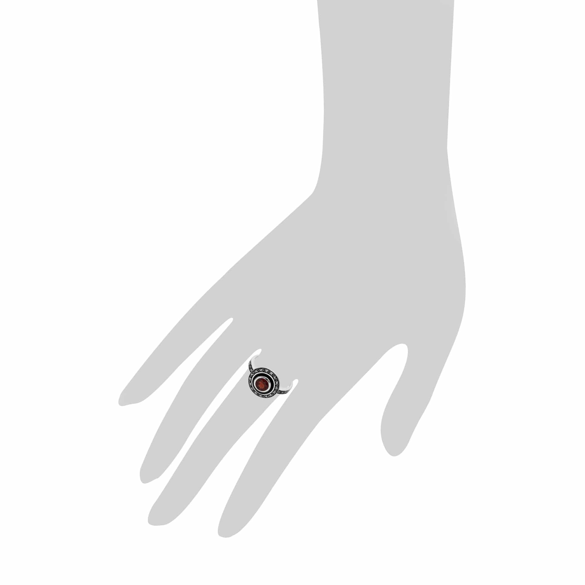 Art Deco Style Round Garnet & Black Enamel Halo Ring in 925 Sterling Silver - Gemondo