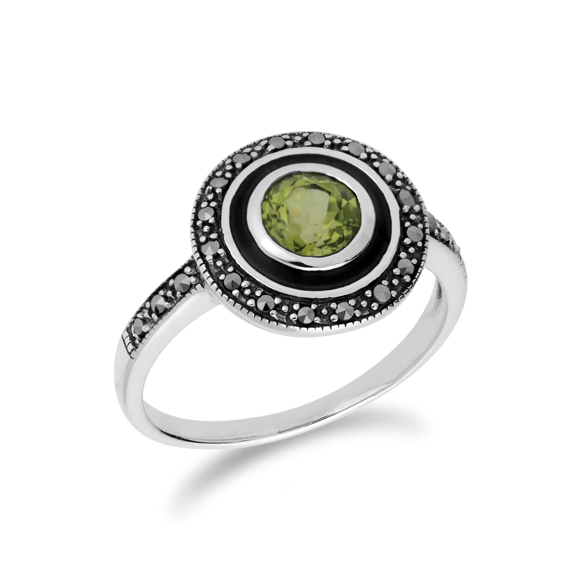 Art Deco Style Round Peridot & Black Enamel Halo Ring in 925 Sterling Silver - Gemondo