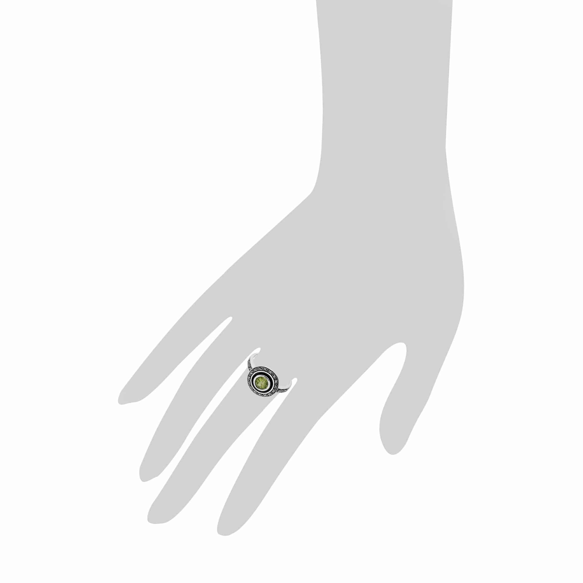 Art Deco Style Round Peridot & Black Enamel Halo Ring in 925 Sterling Silver - Gemondo