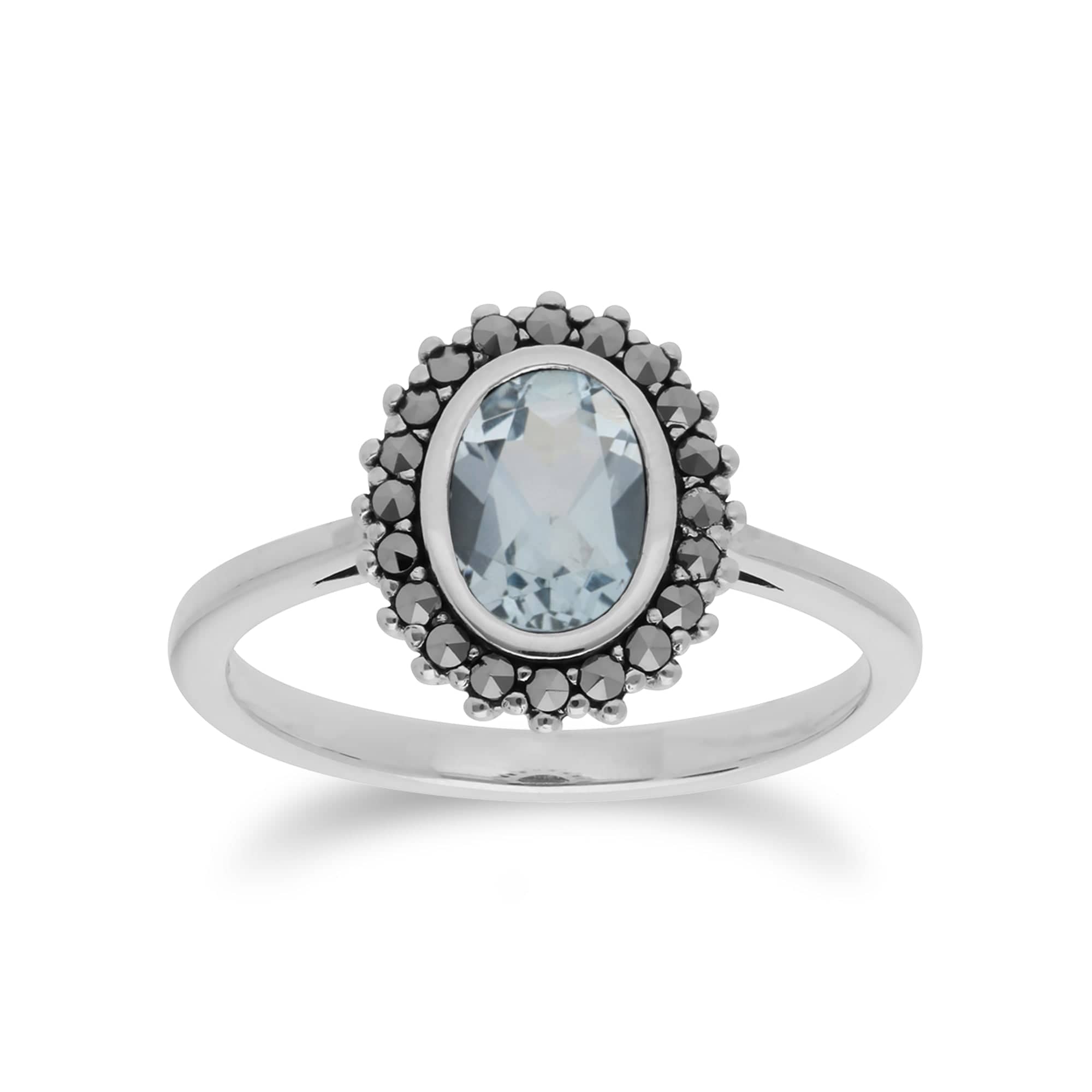 Art Deco Style Oval Blue Topaz & Marcasite Halo Ring in 925 Sterling Silver - Gemondo