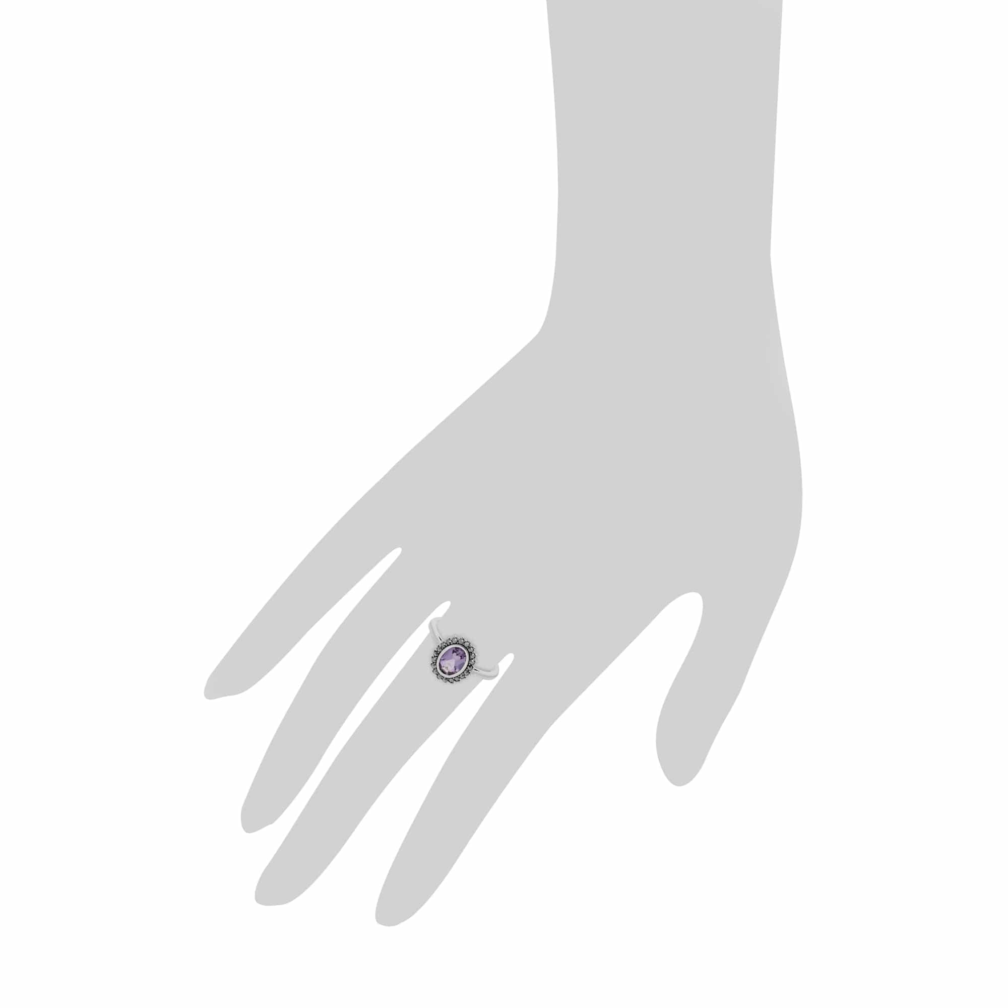 Art Deco Style Oval Amethyst & Marcasite Halo Ring in 925 Sterling Silver - Gemondo