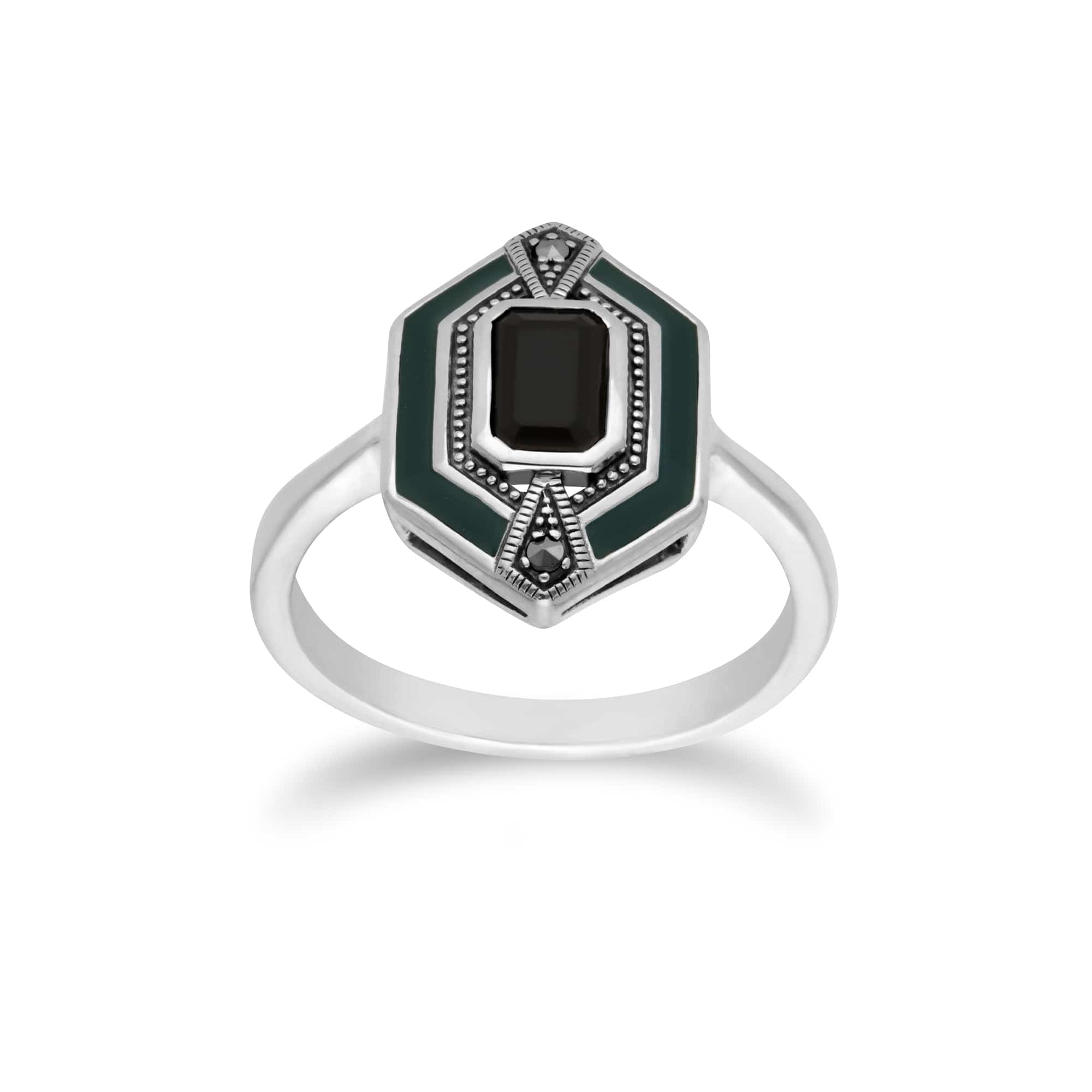 214R602604925 Art Deco Style Octagon Black Onyx, Marcasite & Green Enamel hexagon Ring in 925 Sterling Silver 1