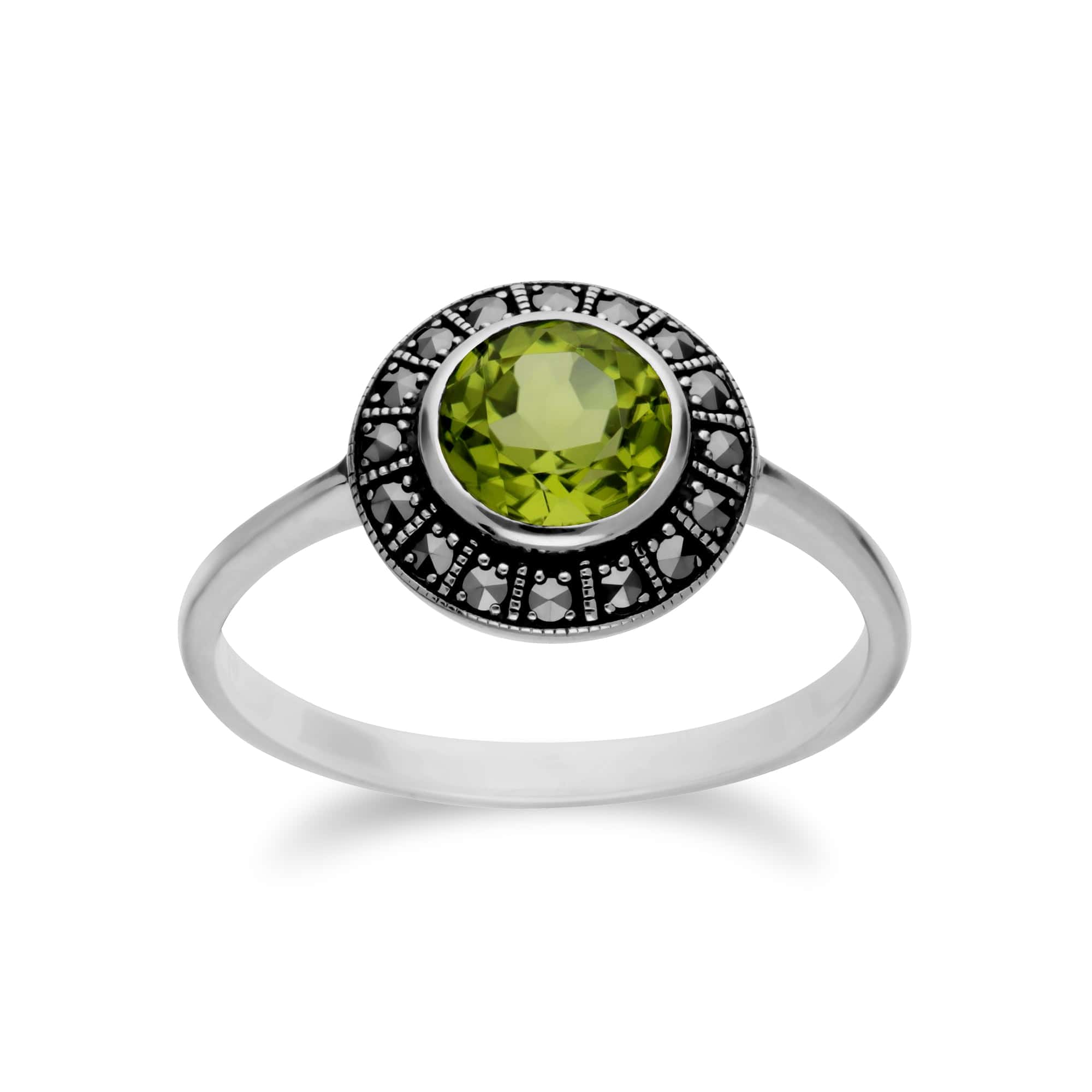 Art Deco Style Round Peridot & Marcasite Halo Ring in 925 Sterling Silver - Gemondo