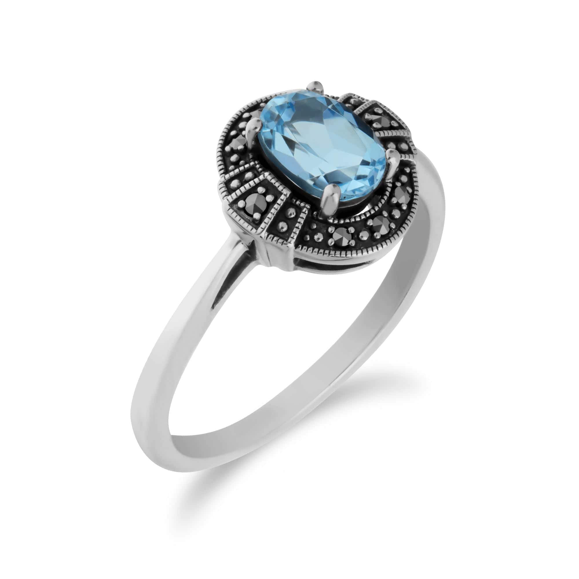 Art Deco Style Oval Blue Topaz & Marcasite Silver Halo Ring - Gemondo