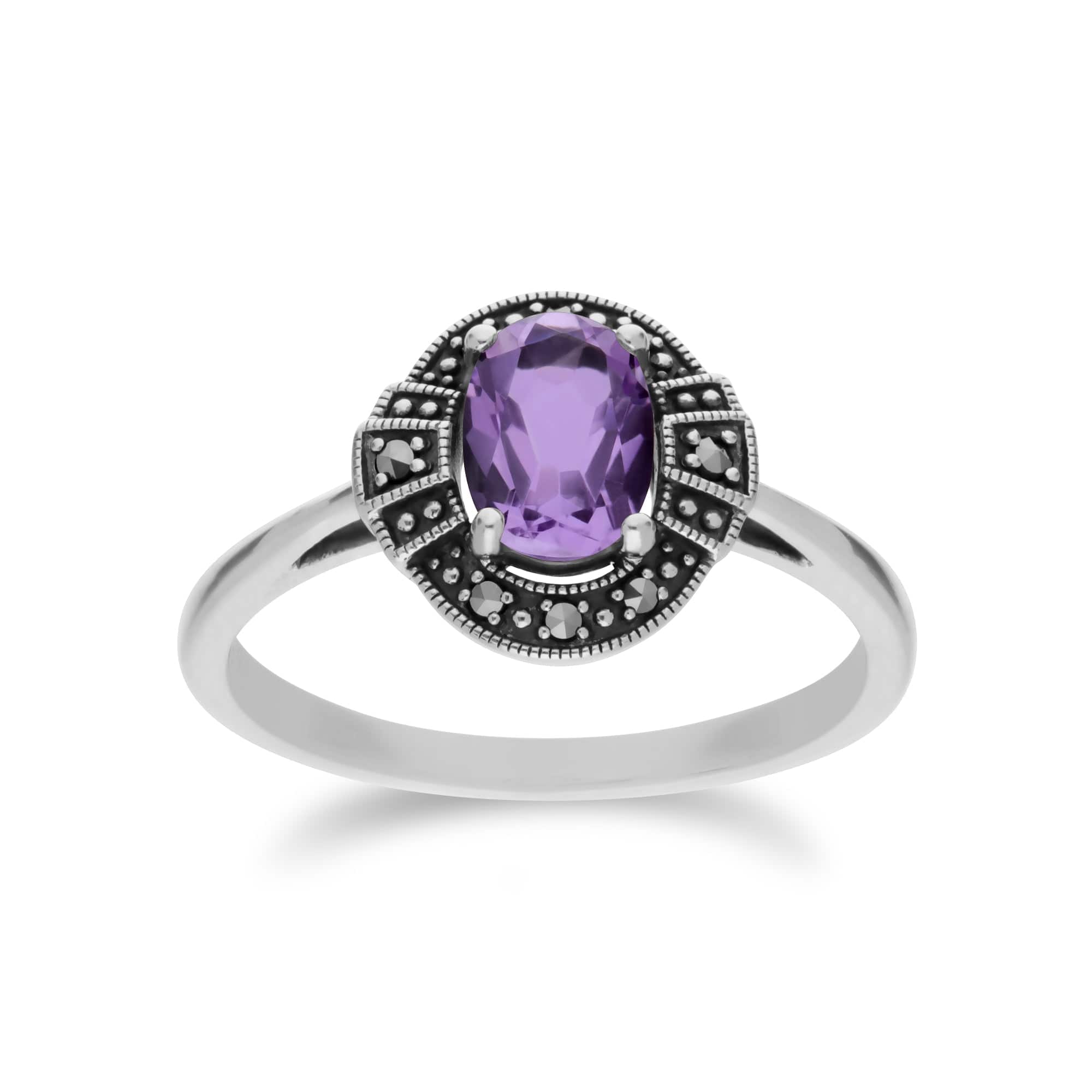 214R605702925 Art Deco Style Oval Amethyst & Marcasite Silver  Halo Ring 1