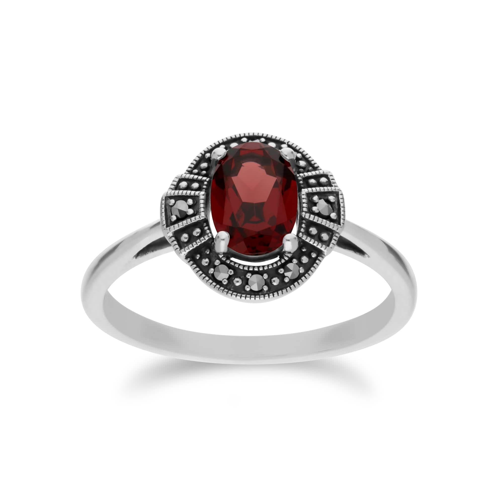 214R605703925 Art Deco Style Oval Garnet & Marcasite Halo Ring in 925 Sterling Silver 1