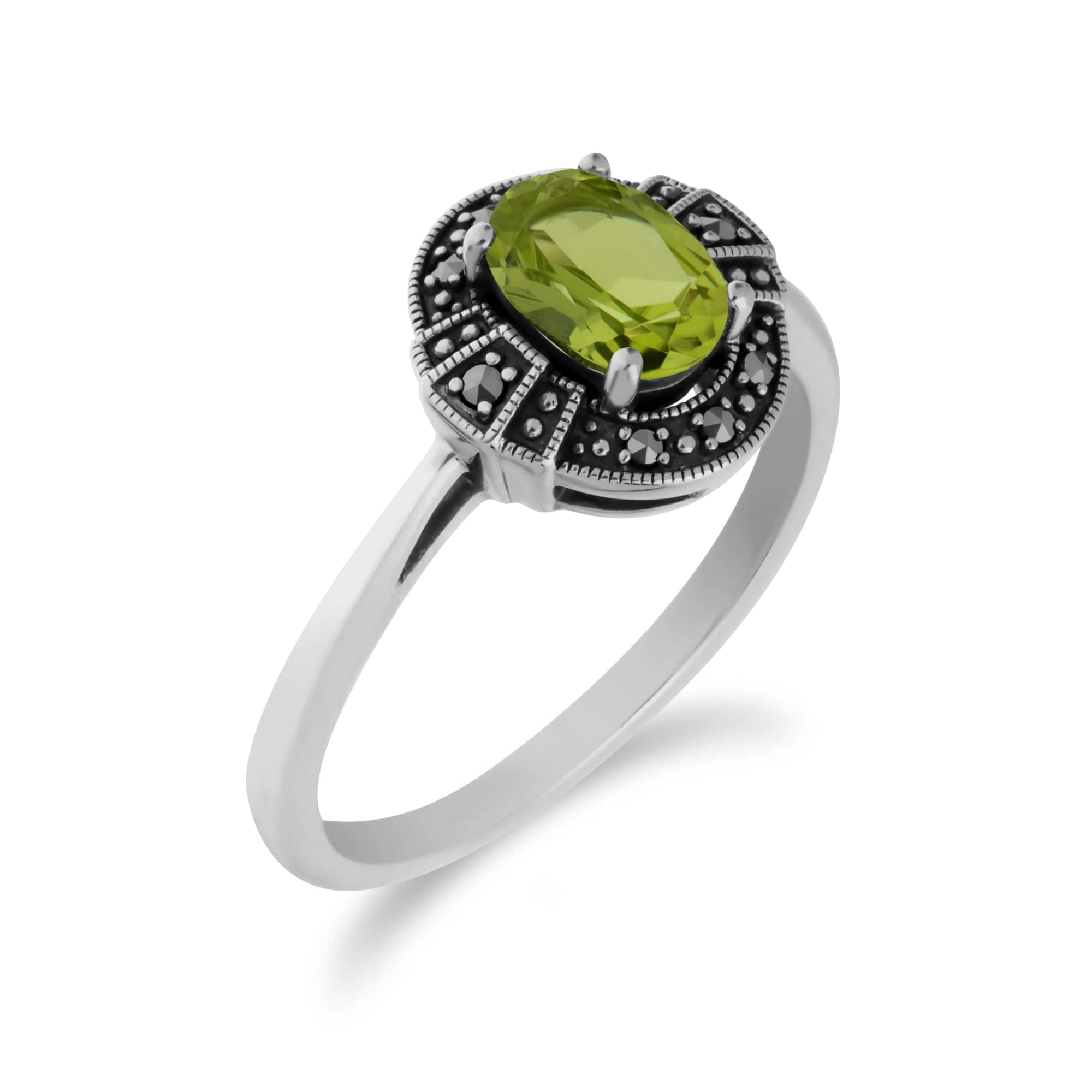 Art Deco Style Oval Peridot & Marcasite Halo Ring in 925 Sterling Silver - Gemondo