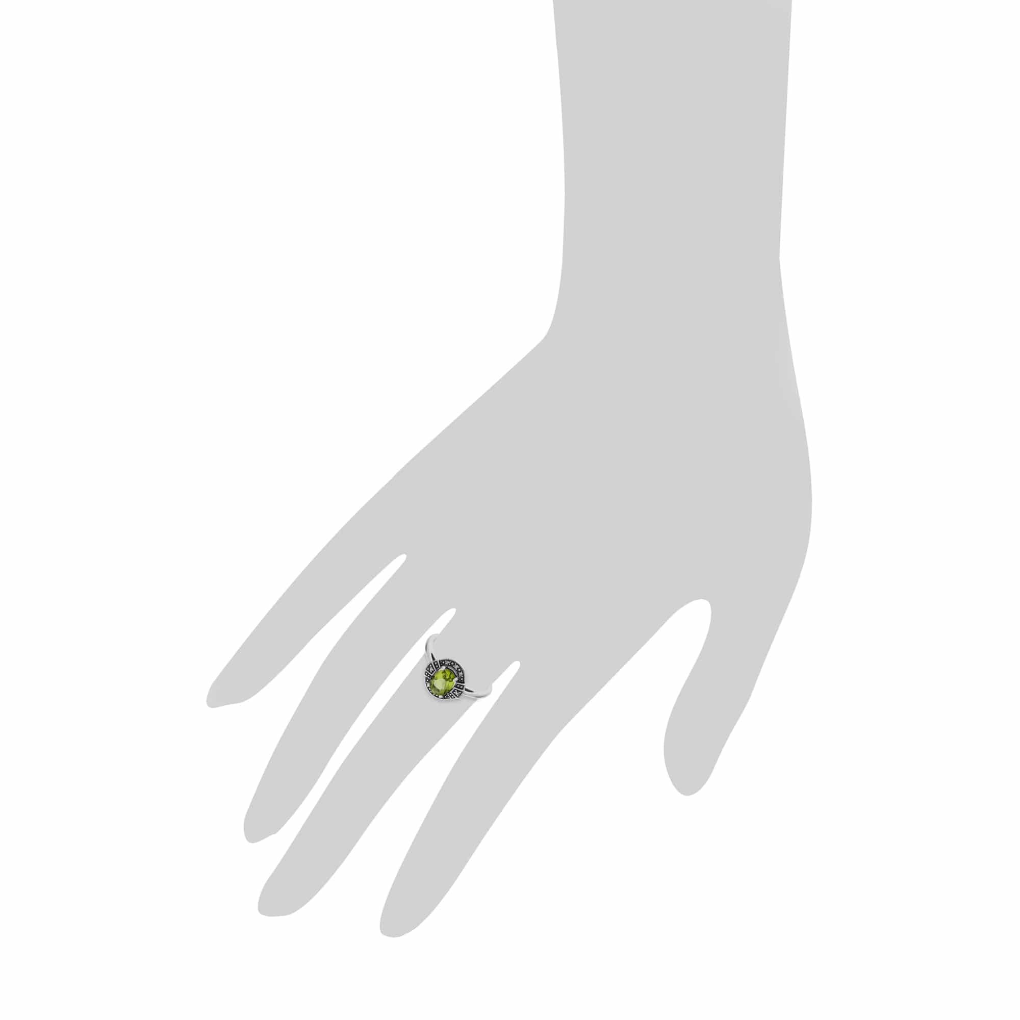 Art Deco Style Oval Peridot & Marcasite Halo Ring in 925 Sterling Silver - Gemondo
