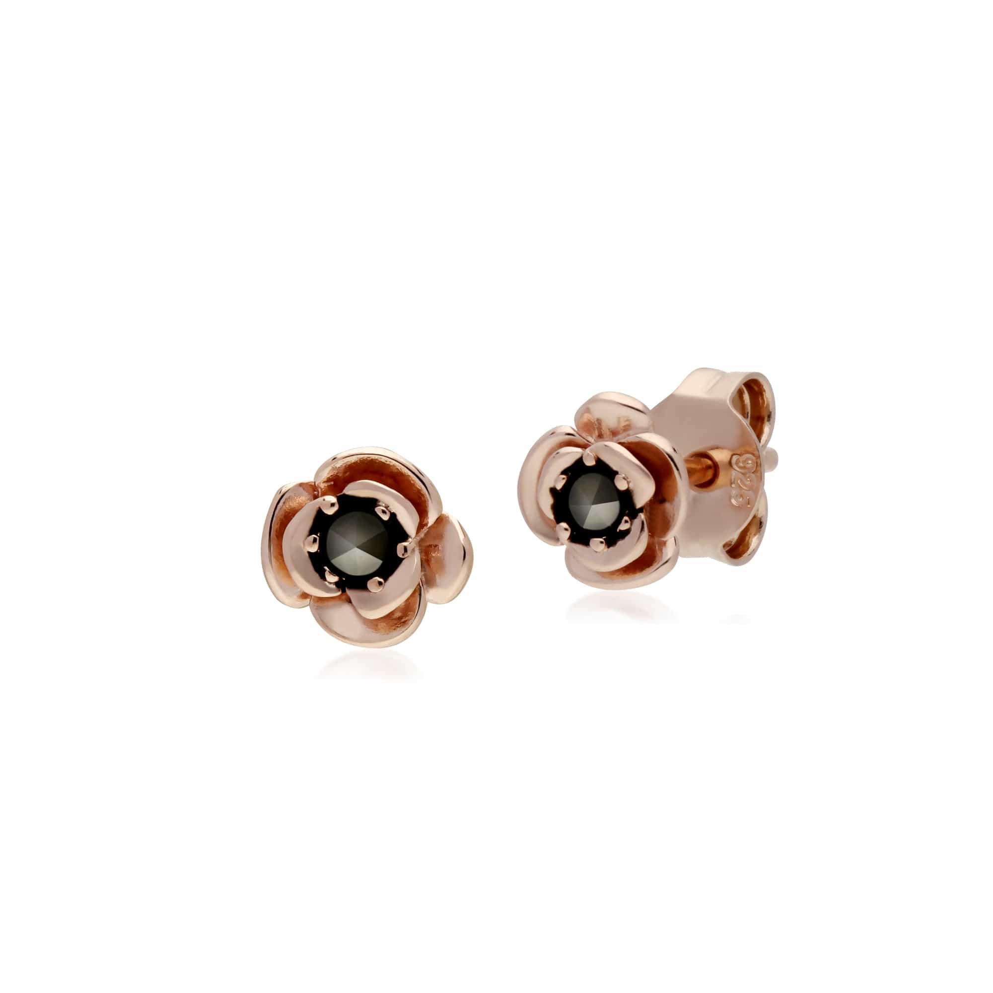 224E022901925 Rose Gold Plated Round Marcasite Floral Stud Earrings in 925 Sterling Silver 1