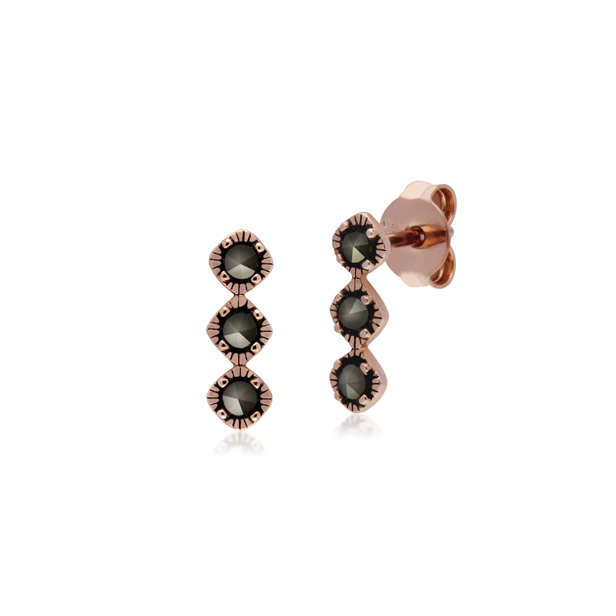 224E023101925 Rose Gold Plated Round Marcasite Triple Stone Stud Earrings in 925 Sterling Silver 1
