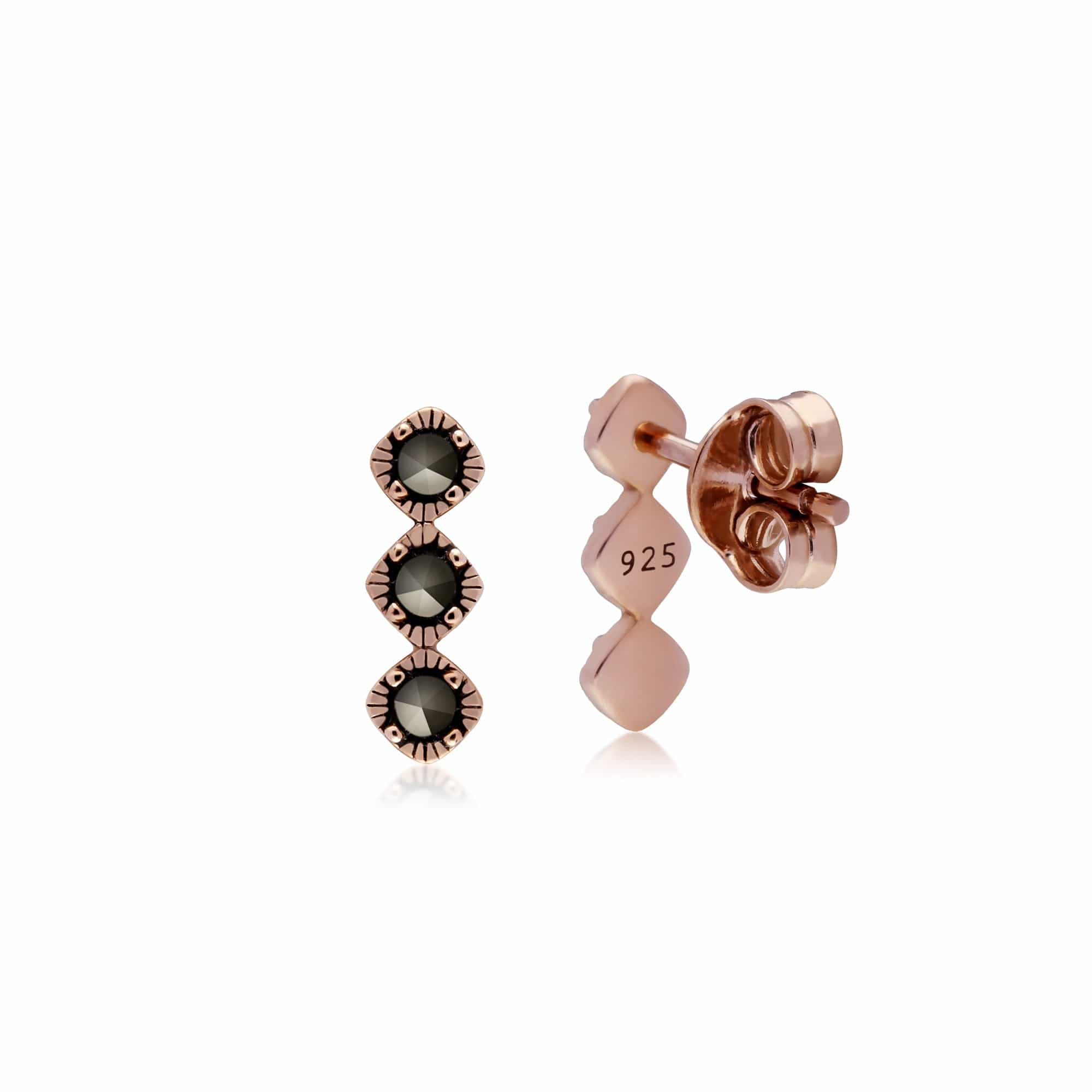224E023101925 Rose Gold Plated Round Marcasite Triple Stone Stud Earrings in 925 Sterling Silver 2