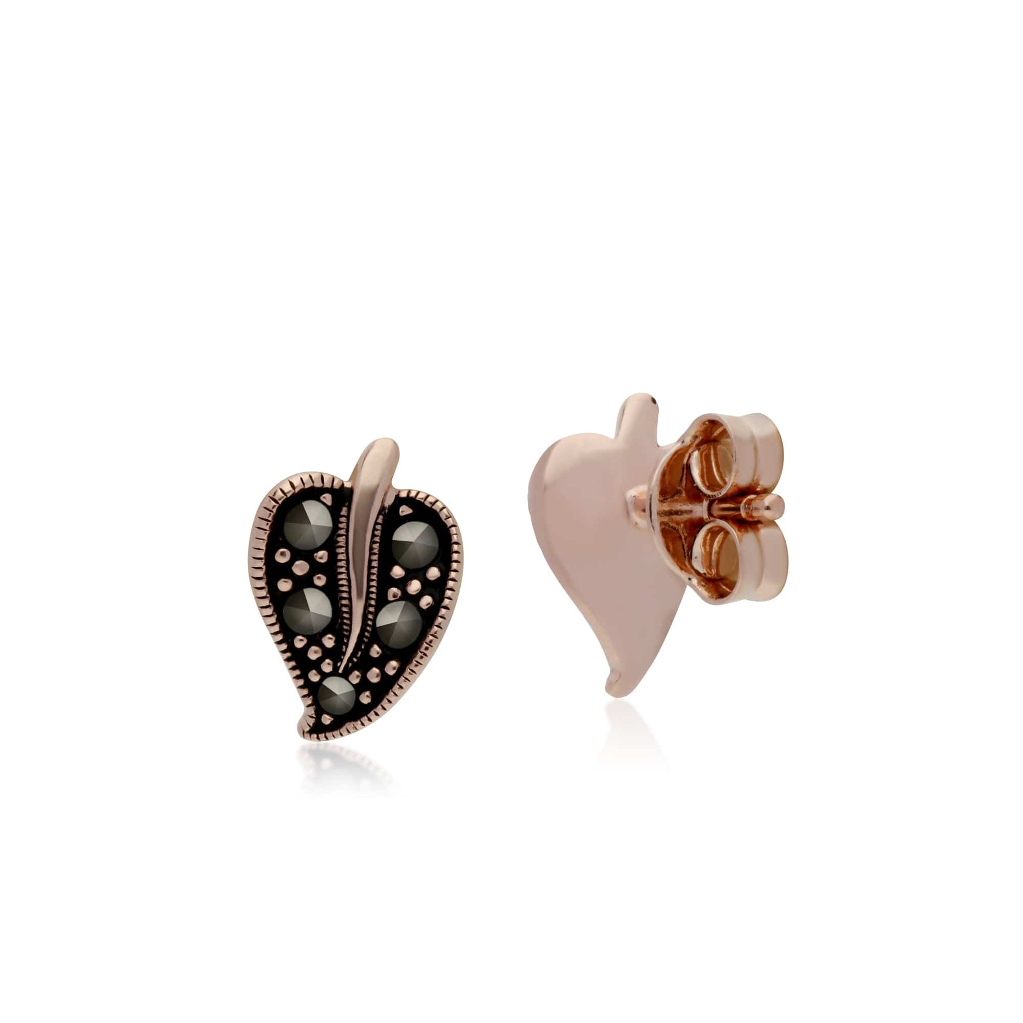 224E023401925 Rose Gold Plated Round Marcasite Leaf Stud Earrings in 925 Sterling Silver 2