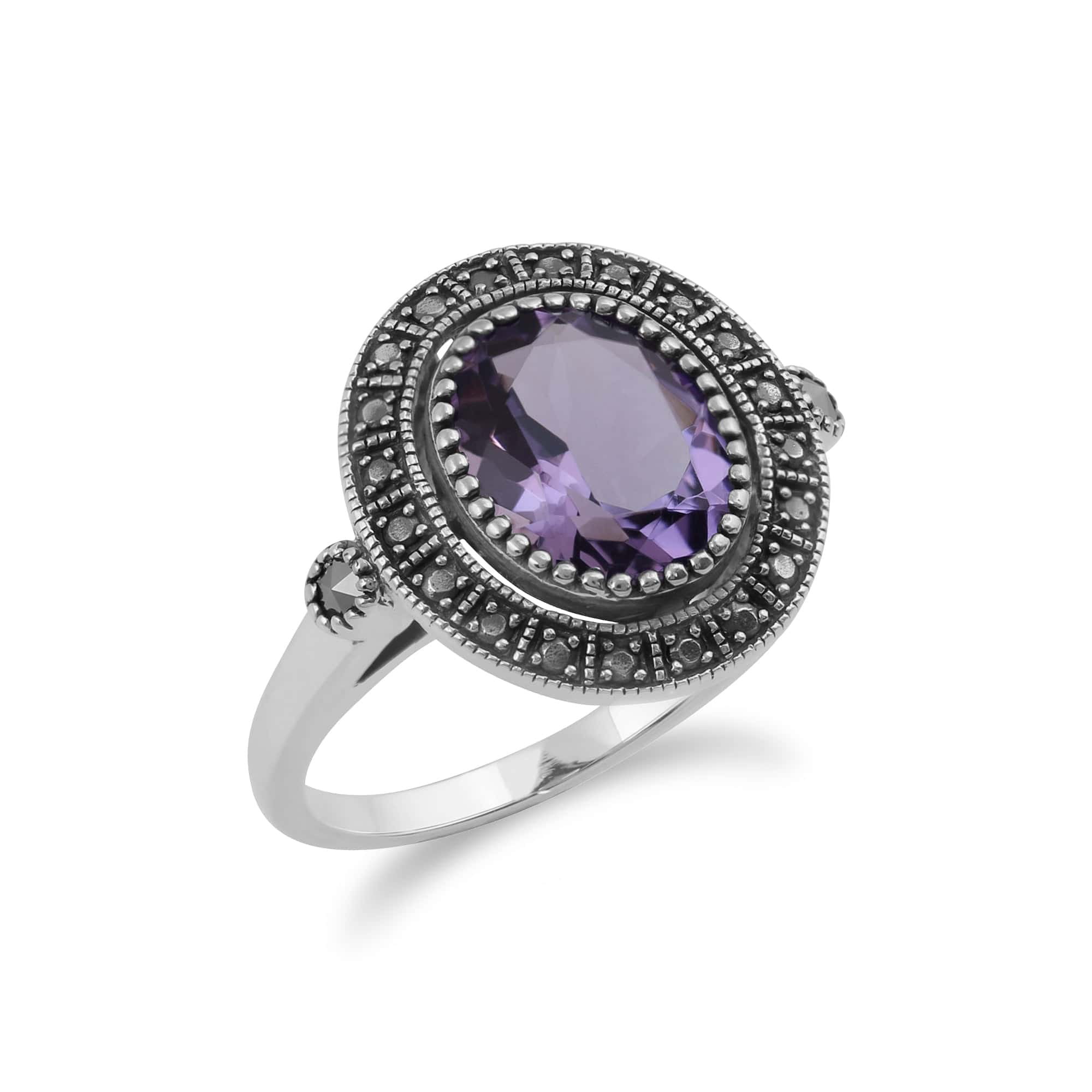 Art Deco Style Oval Amethyst & Marcasite Statement Cocktail Ring in 925 Sterling Silver - Gemondo