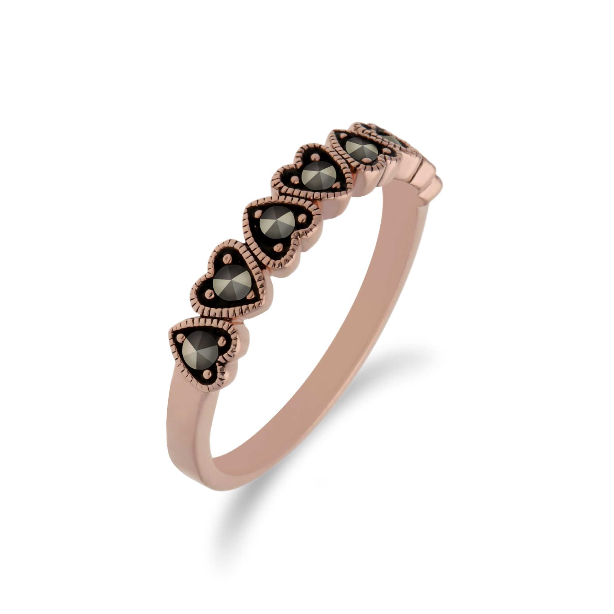 Rose Gold Plated Round Marcasite Heart Half Eternity Ring in 925 Sterling Silver - Gemondo