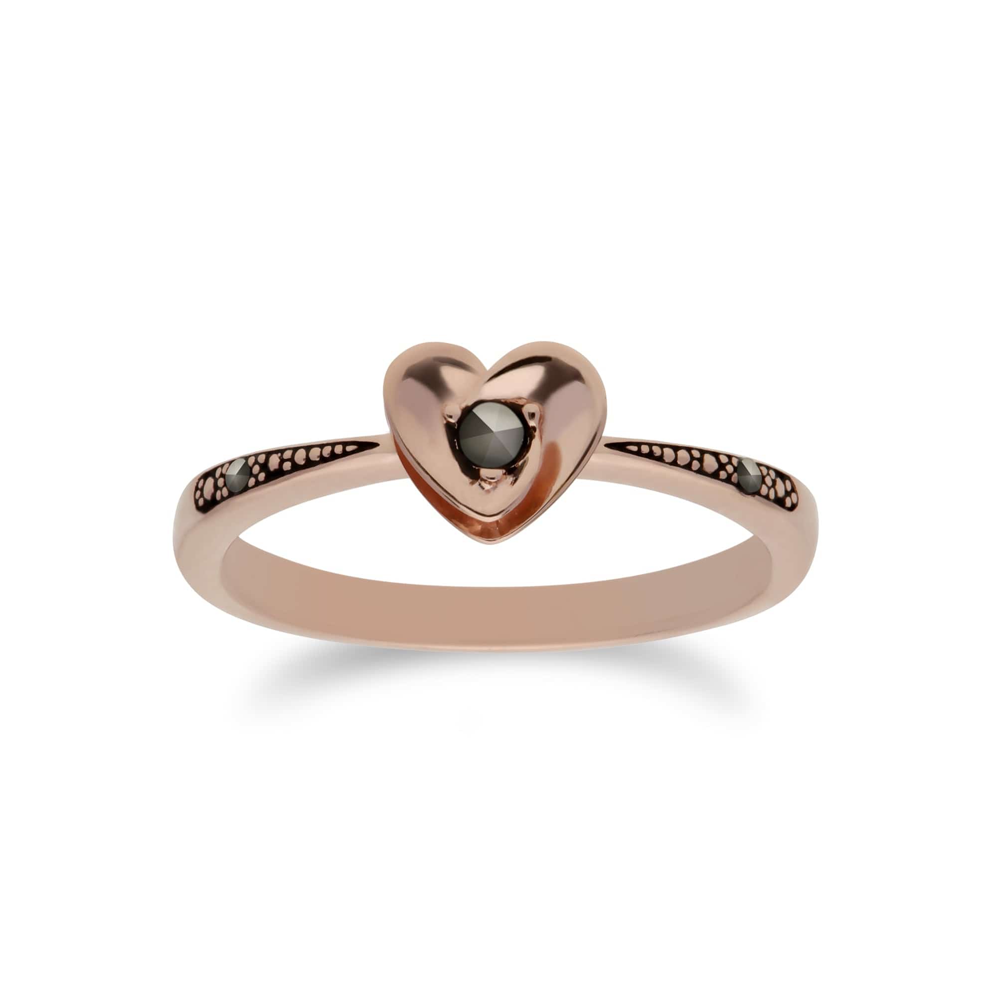 Rose Gold Plated Round Marcasite Heart Design Ring in 925 Sterling Silver - Gemondo